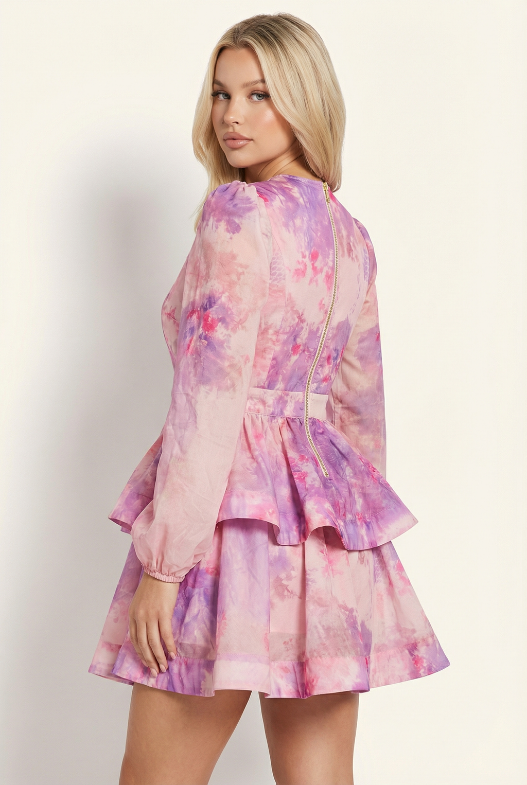 A&A Luxe Amara V Neck Lantern Sleeve Tiered Ruffles A-line Mini Dress