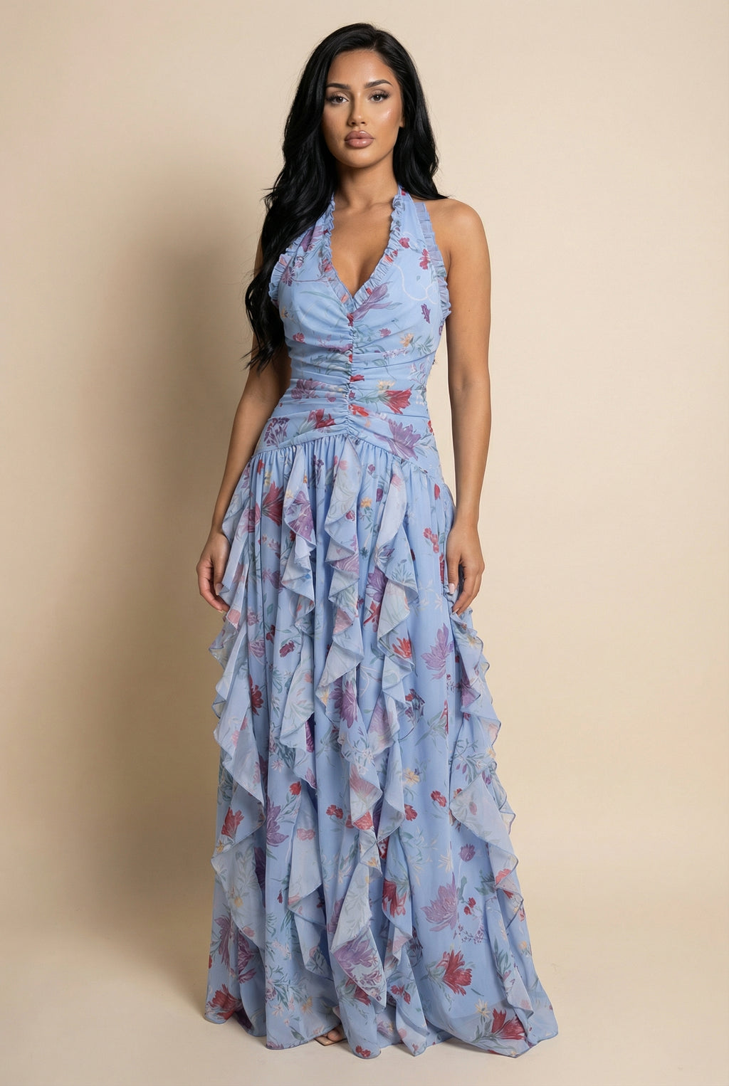 A&A Luxe Bluebell Halter Neck Floral Print Ruffles Maxi Dress