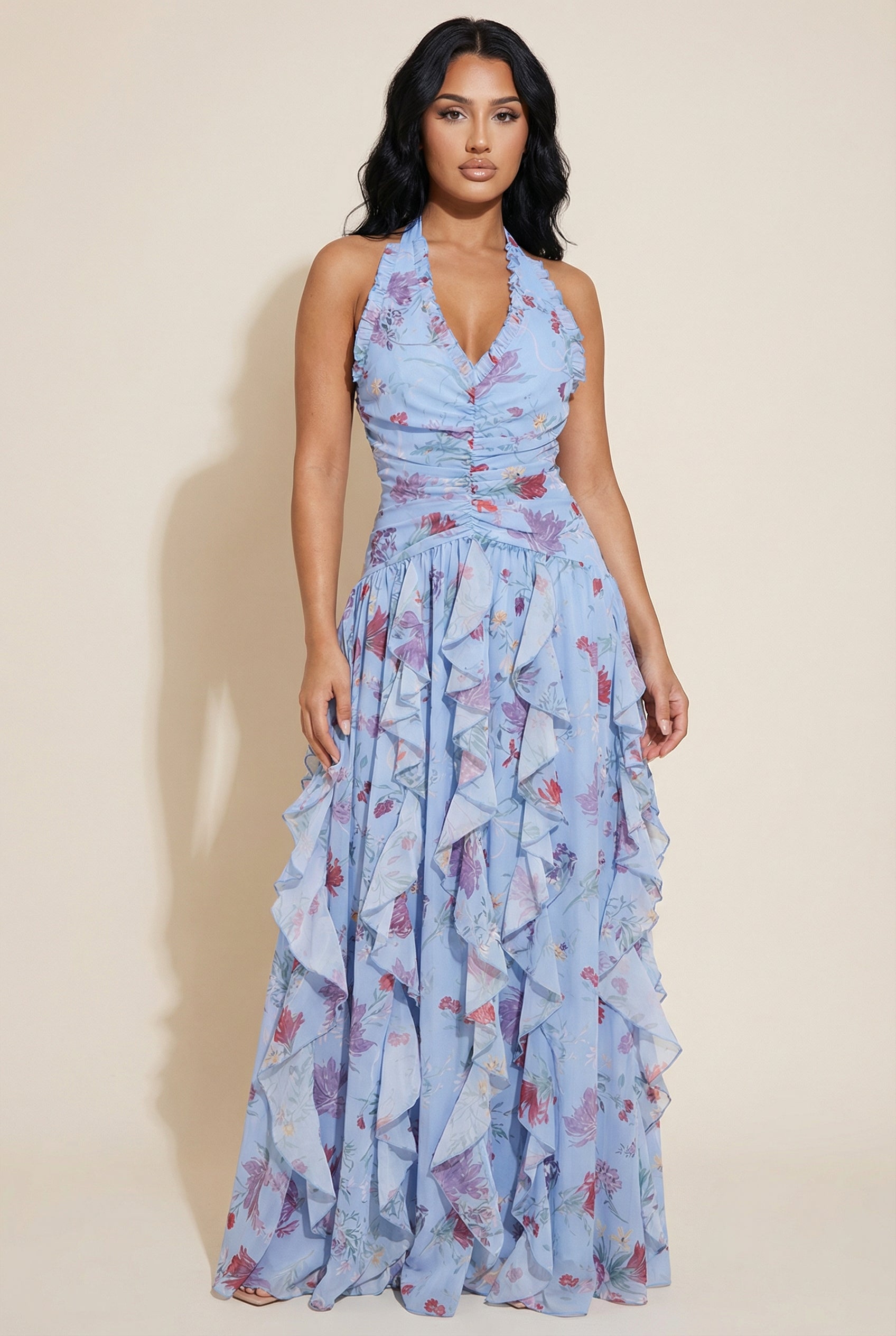 A&A Luxe Bluebell Halter Neck Floral Print Ruffles Maxi Dress
