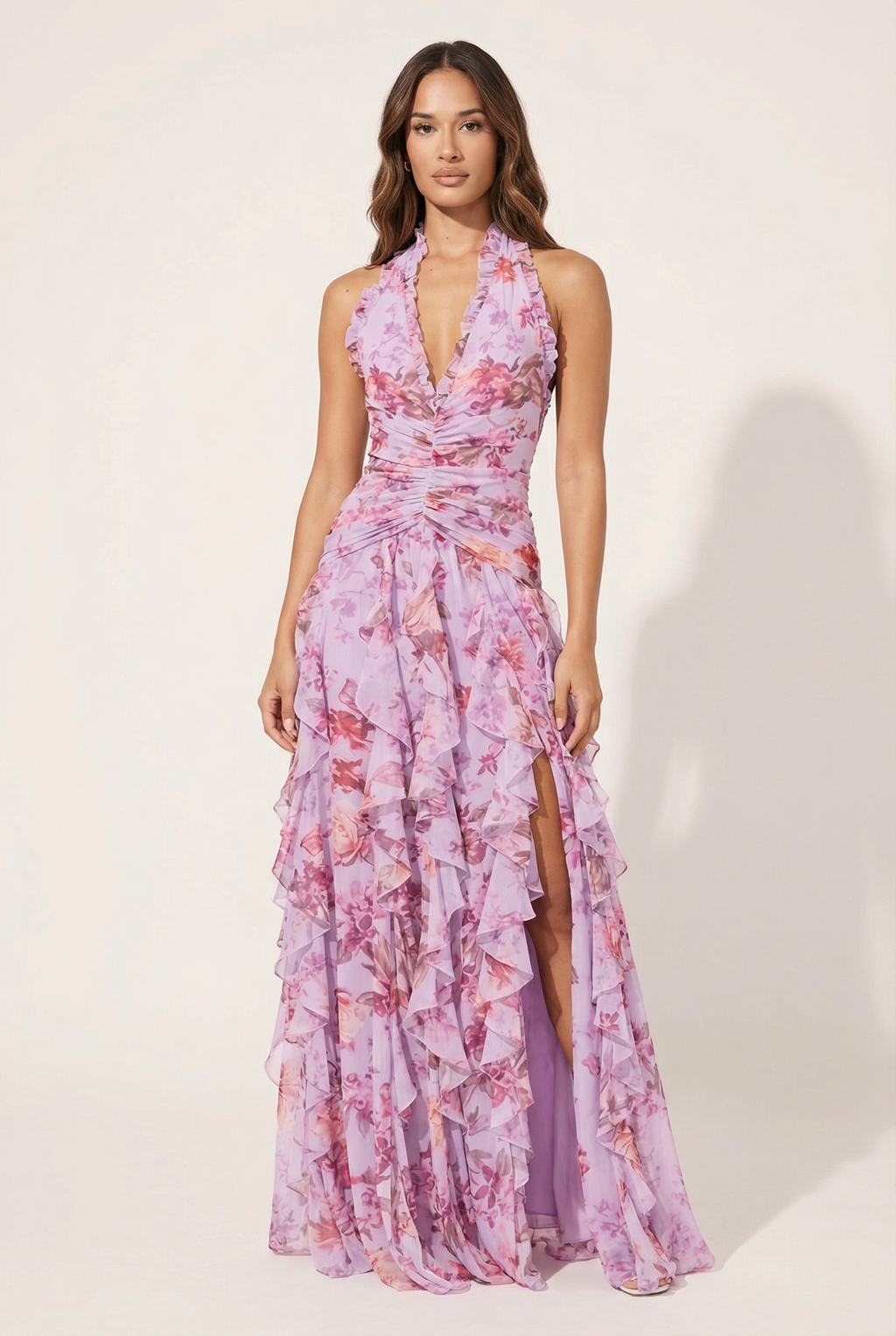 A&A Luxe Bluebell Halter Neck Floral Print Ruffles Maxi Dress