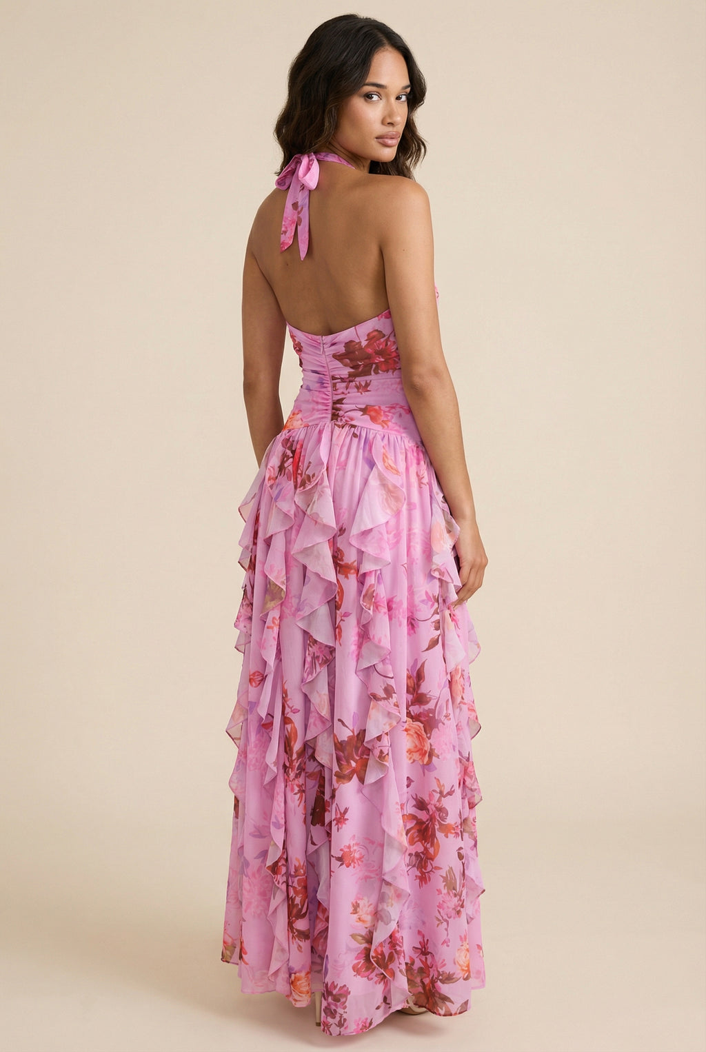 A&A Luxe Bluebell Halter Neck Floral Print Ruffles Maxi Dress