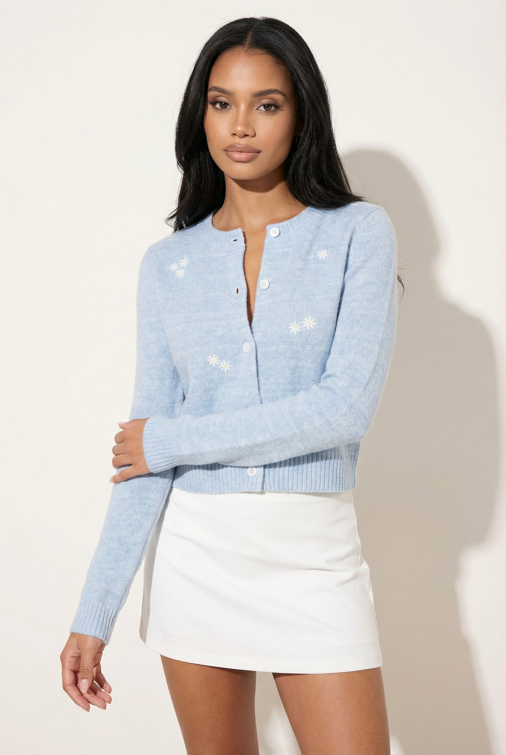 A&A Freesia Blue Embroidery Crewneck Cardigan