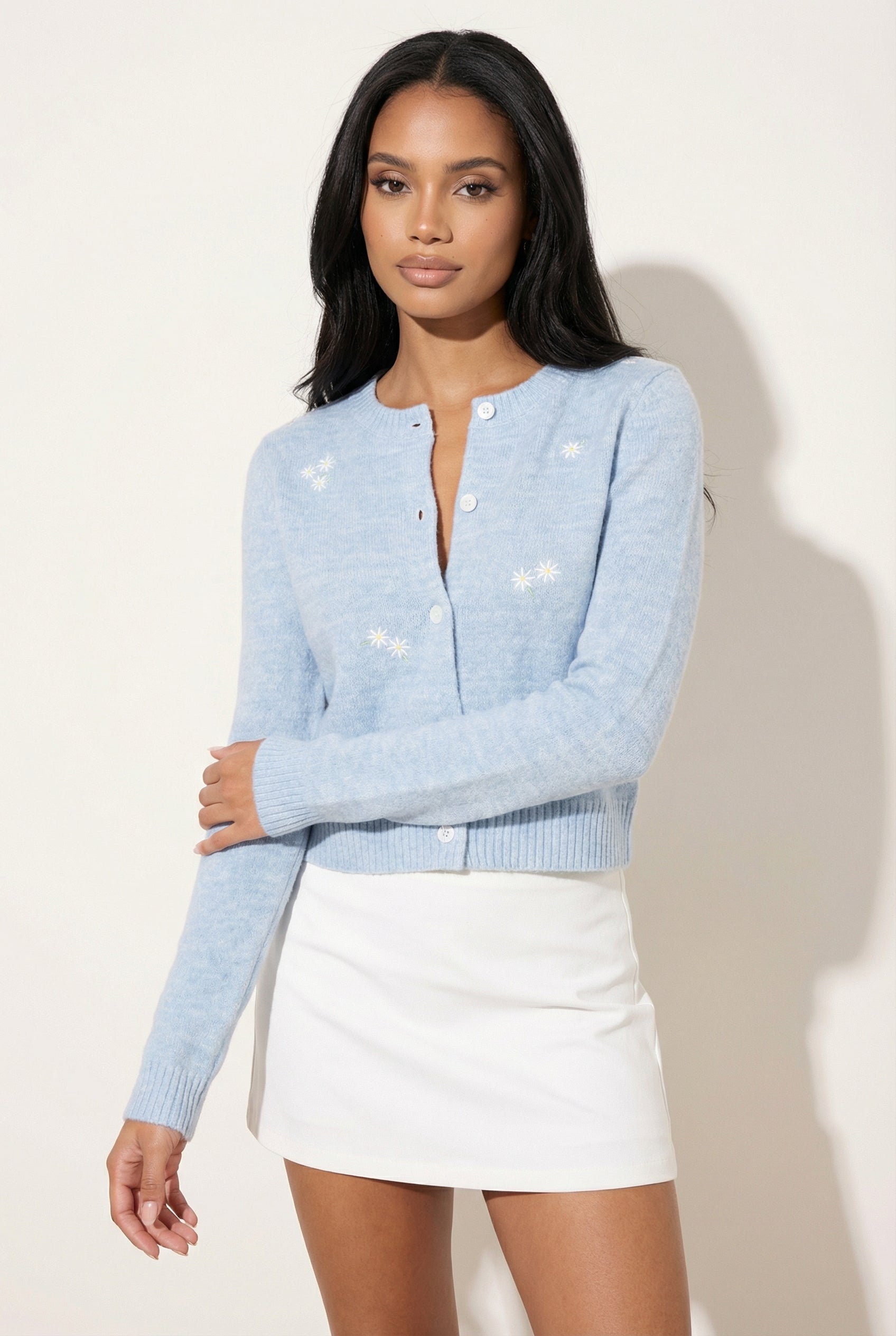 A&A Freesia Blue Embroidery Crewneck Cardigan