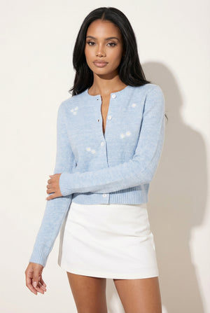 A&A Freesia Blue Embroidery Crewneck Cardigan
