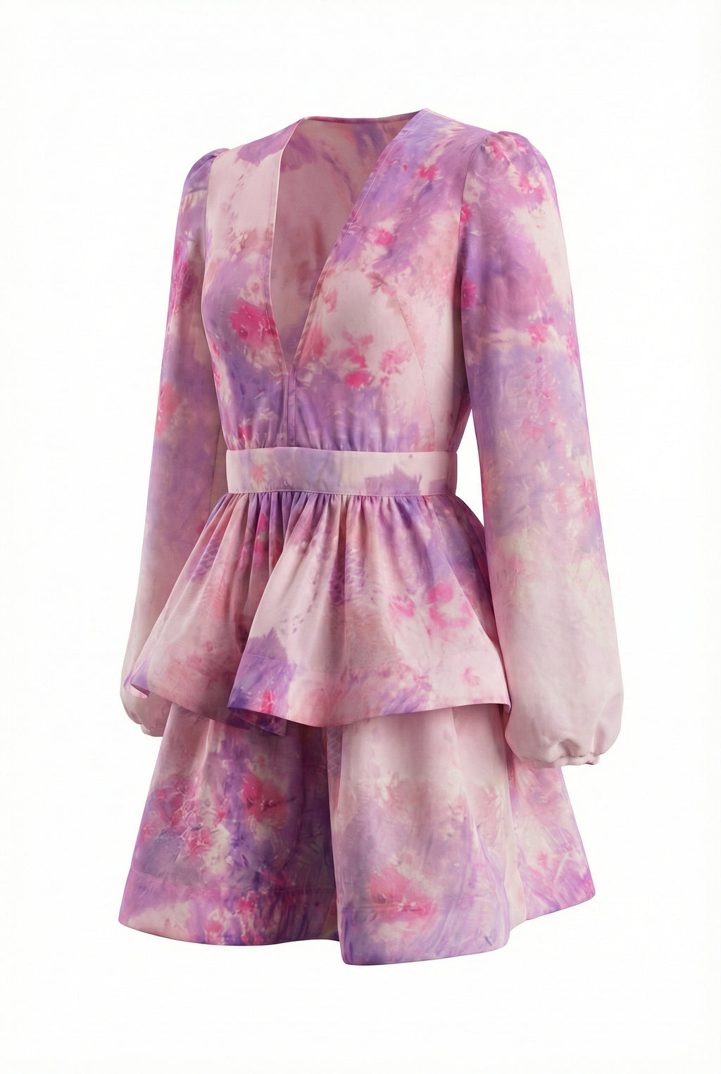 A&A Luxe Amara V Neck Lantern Sleeve Tiered Ruffles A-line Mini Dress