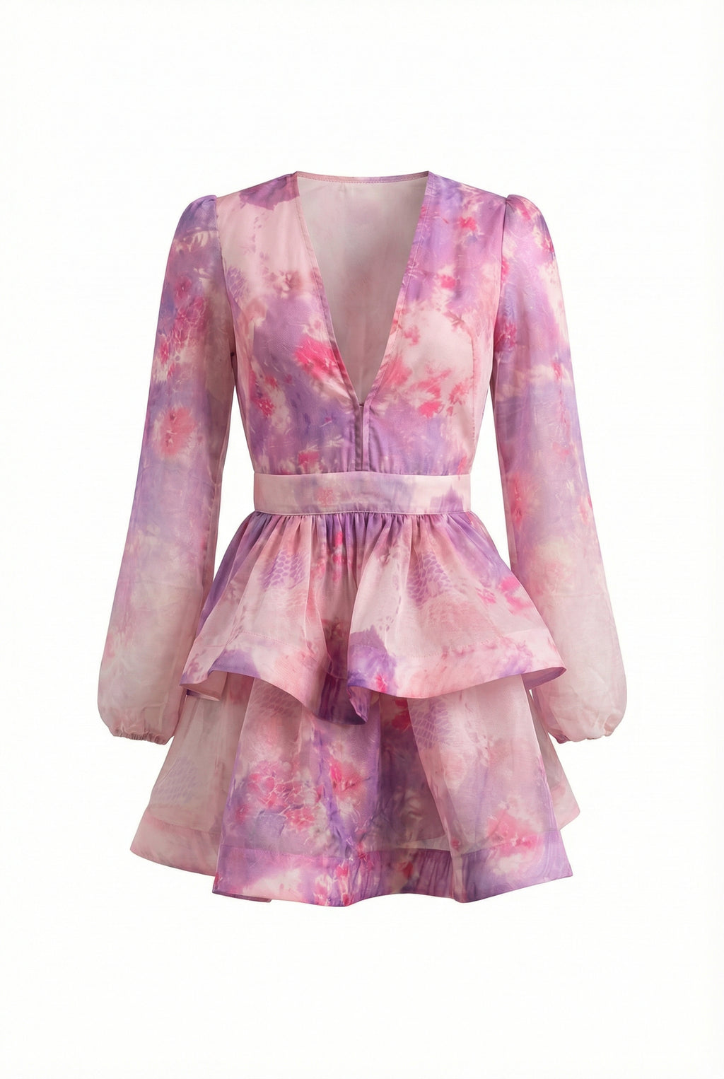 A&A Luxe Amara V Neck Lantern Sleeve Tiered Ruffles A-line Mini Dress