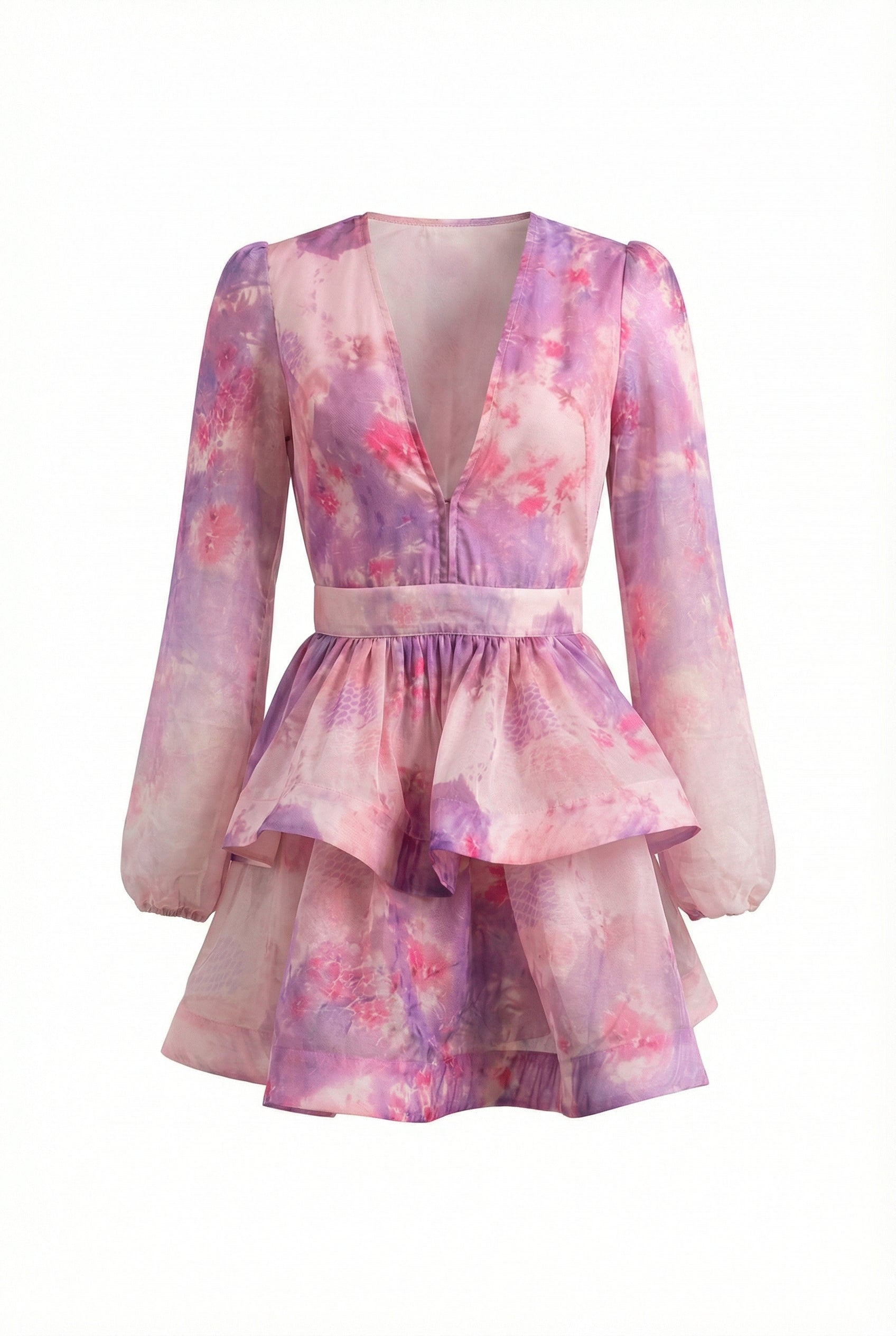 A&A Luxe Amara V Neck Lantern Sleeve Tiered Ruffles A-line Mini Dress