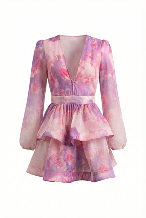 A&A Luxe Amara V Neck Lantern Sleeve Tiered Ruffles A-line Mini Dress