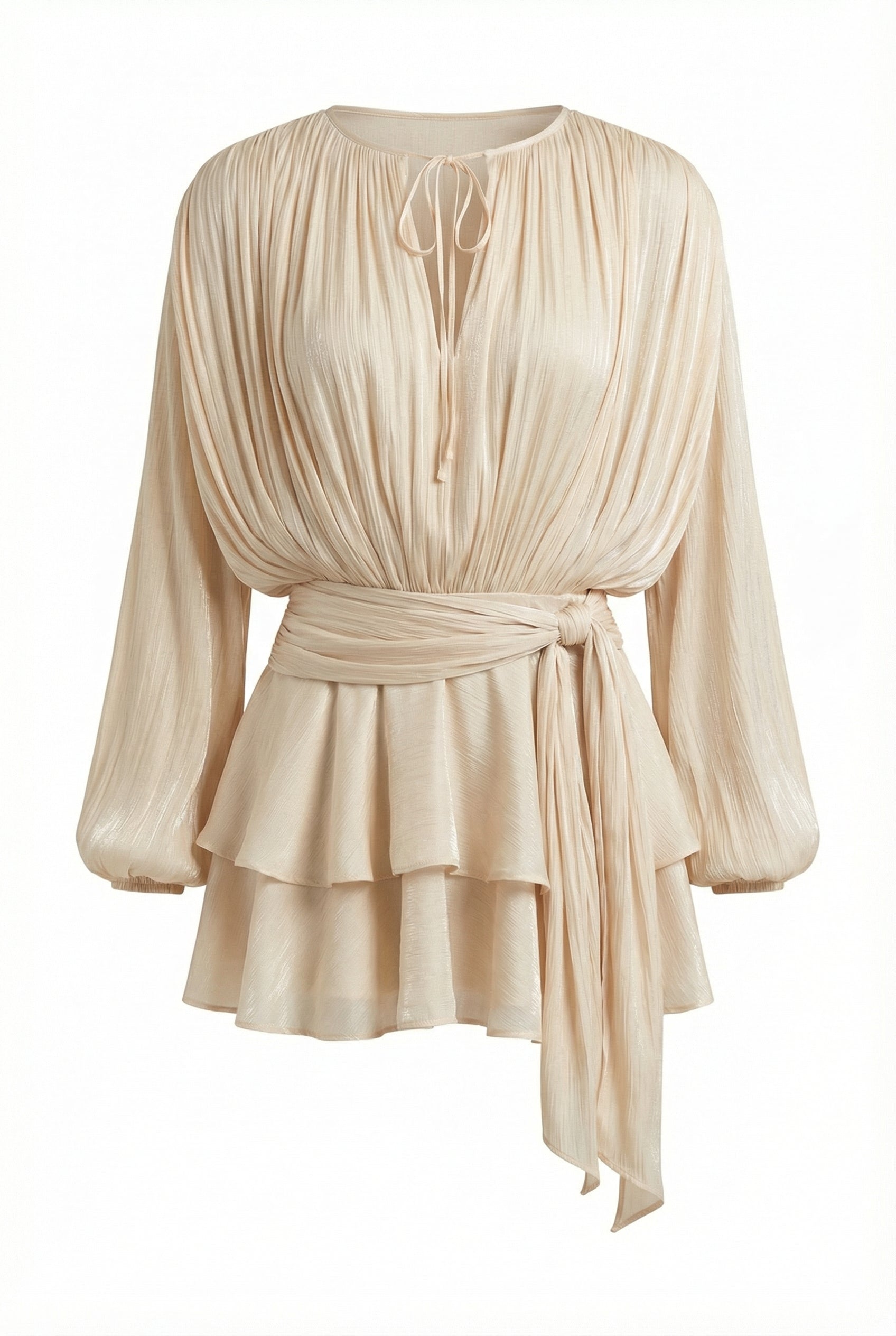 A&A Luxe Gardenia Pleated Ruffle Blouse Mini Dress