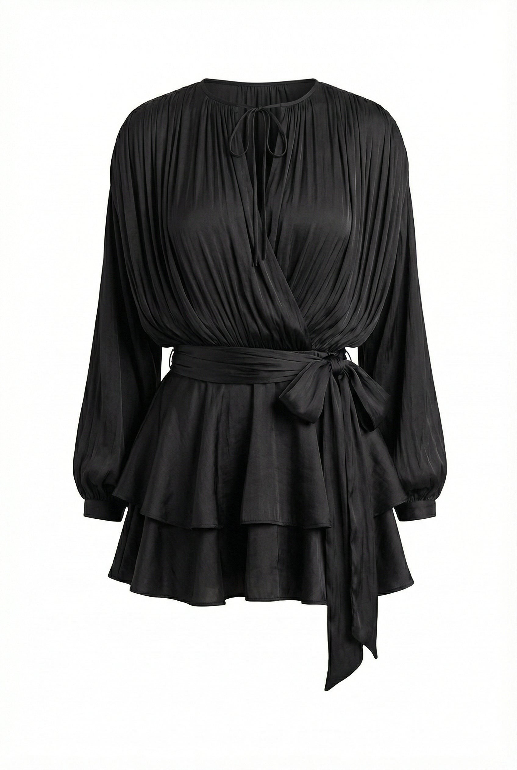A&A Luxe Gardenia Pleated Ruffle Blouse Mini Dress