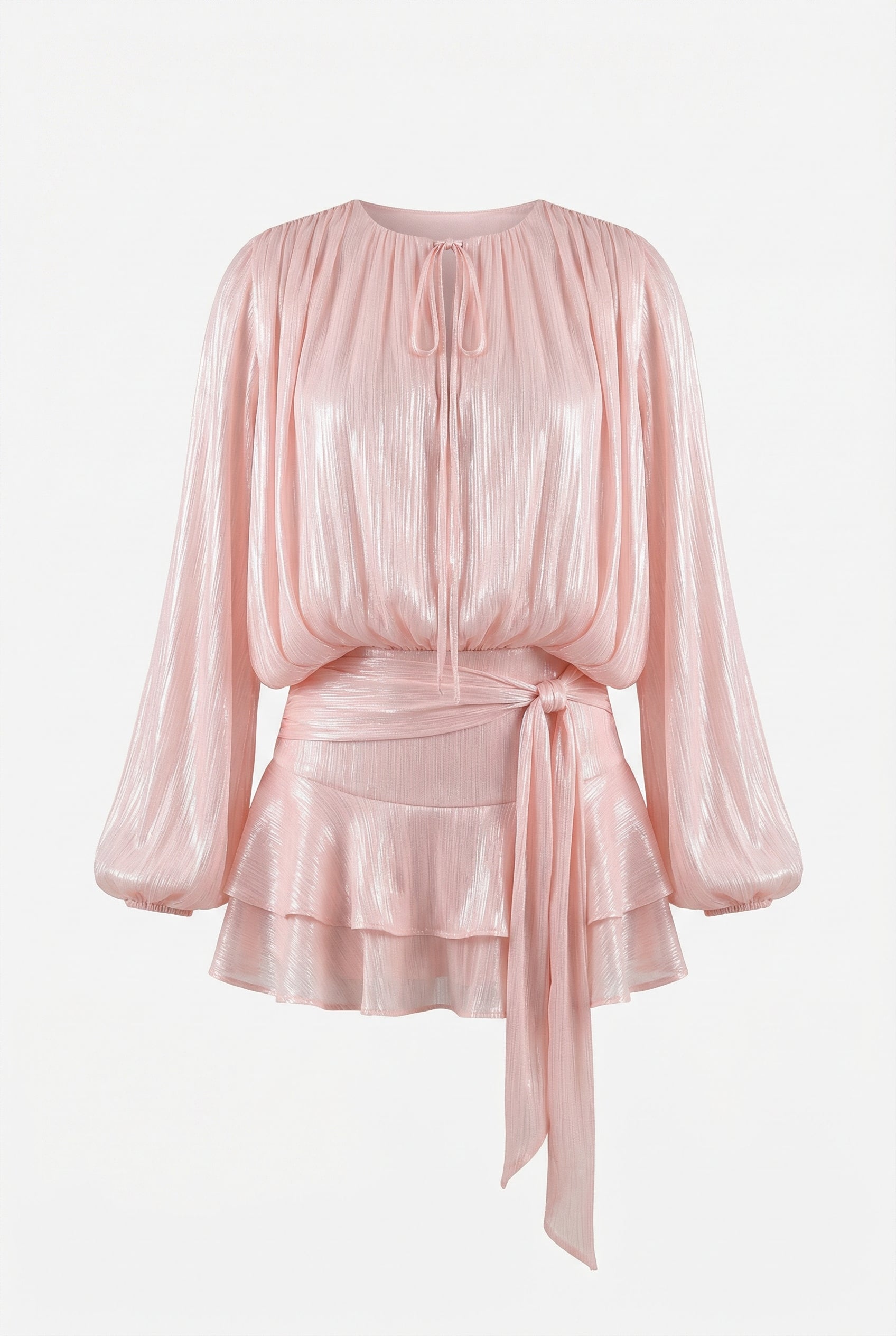 A&A Luxe Gardenia Pleated Ruffle Blouse Mini Dress