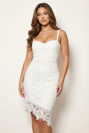 A&A Meliora Asymmetric Lace Floral Bandage Bodycon Midi Dress