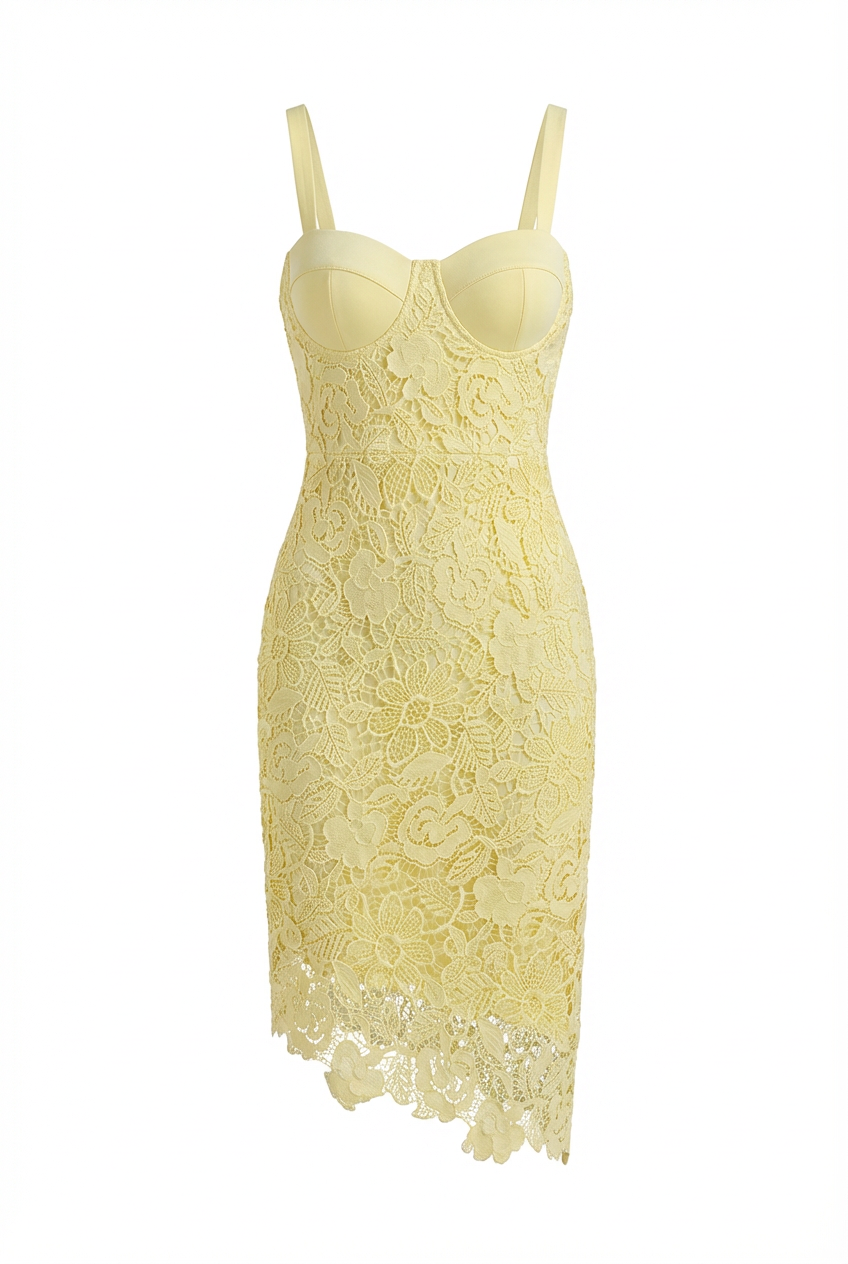 A&A Meliora Asymmetric Lace Floral Bandage Bodycon Midi Dress
