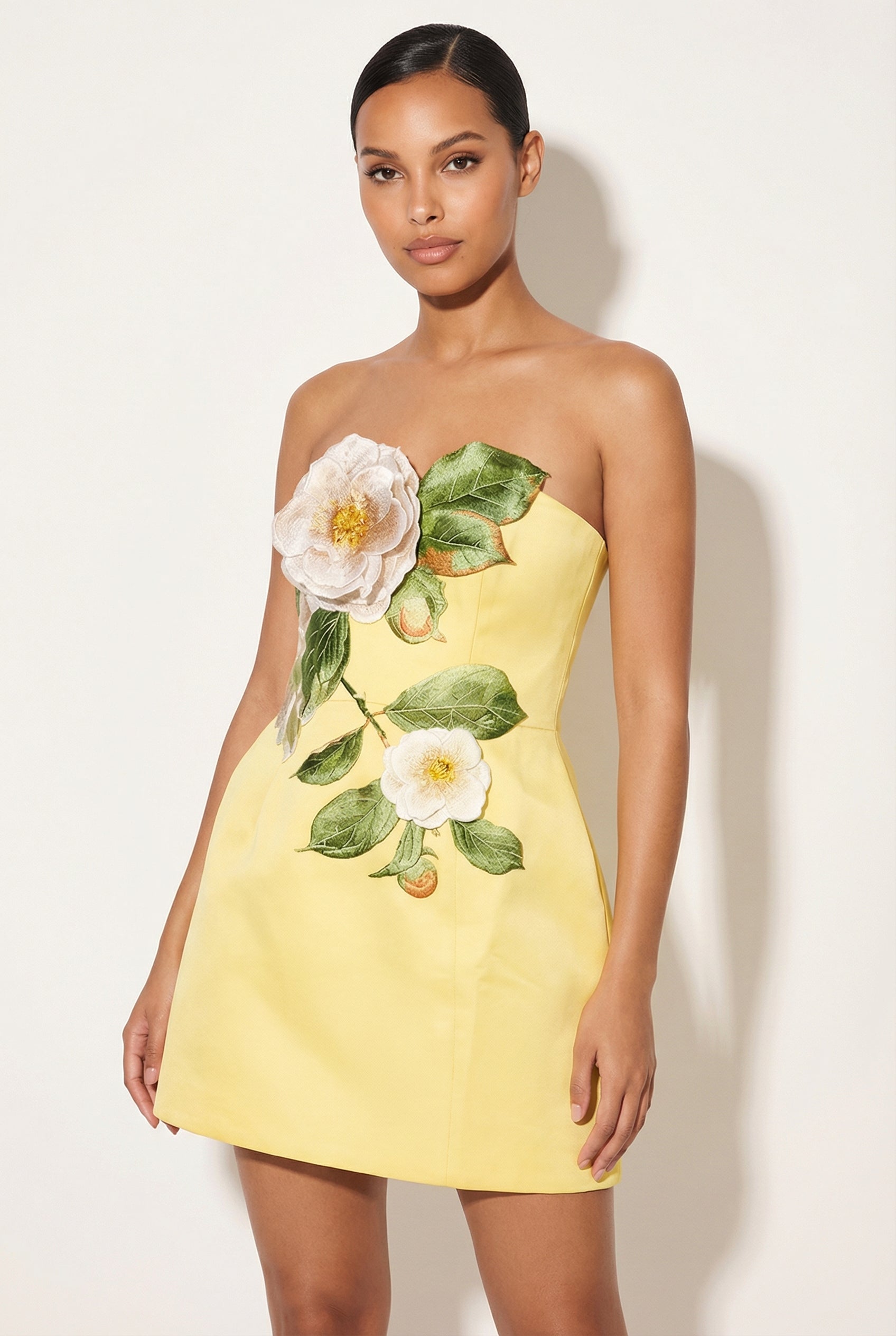 A&A Elara Yellow Strapless Embroidered Flower A-Line Mini Dress