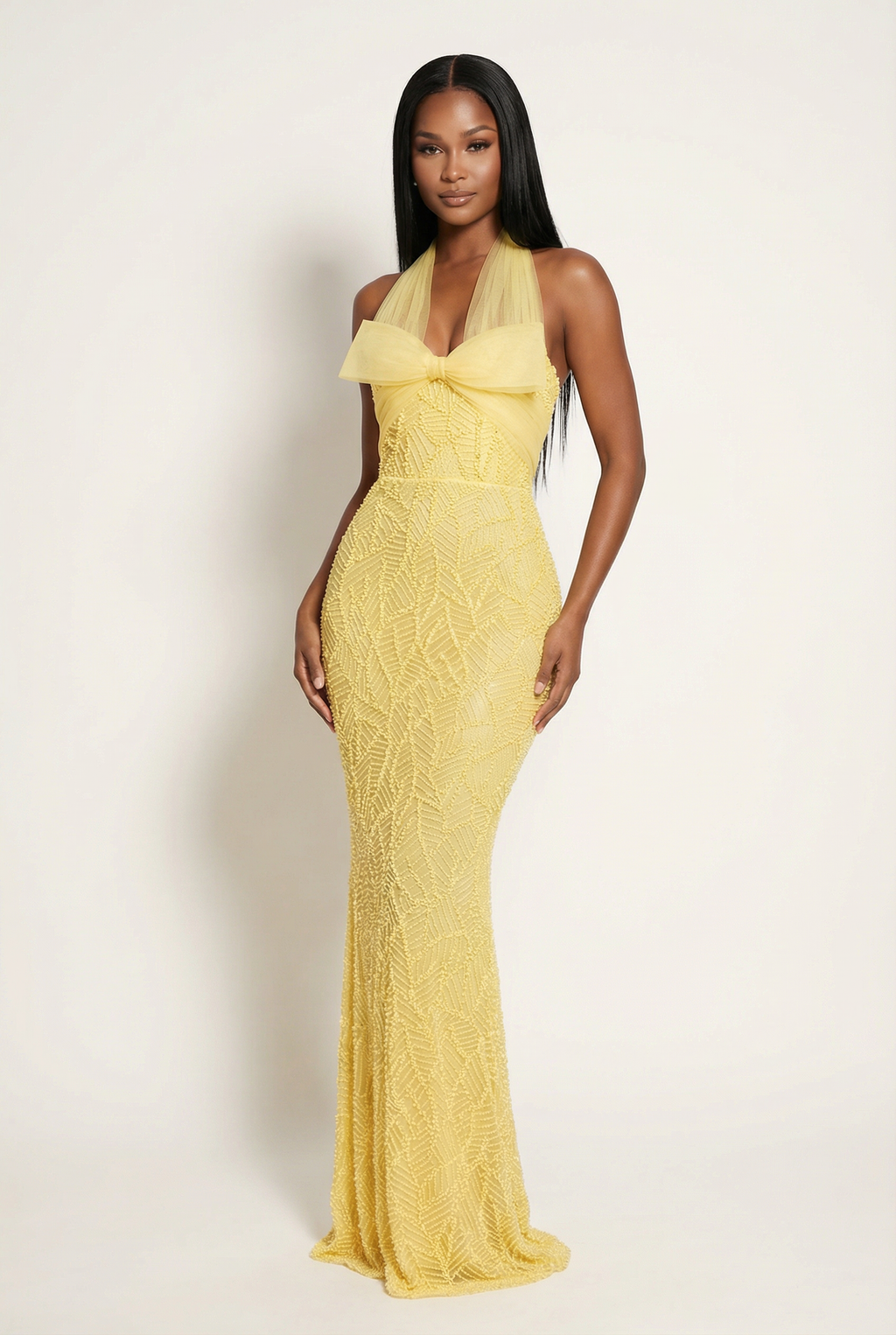 A&A Surié Halter Neck Bow Detail Beaded Embroidery Maxi Dress