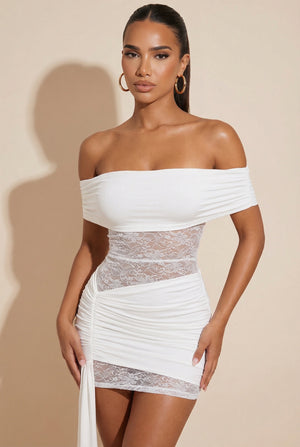 A&A Aveline Off Shoulder Lace Draped Bodycon Mini Dress