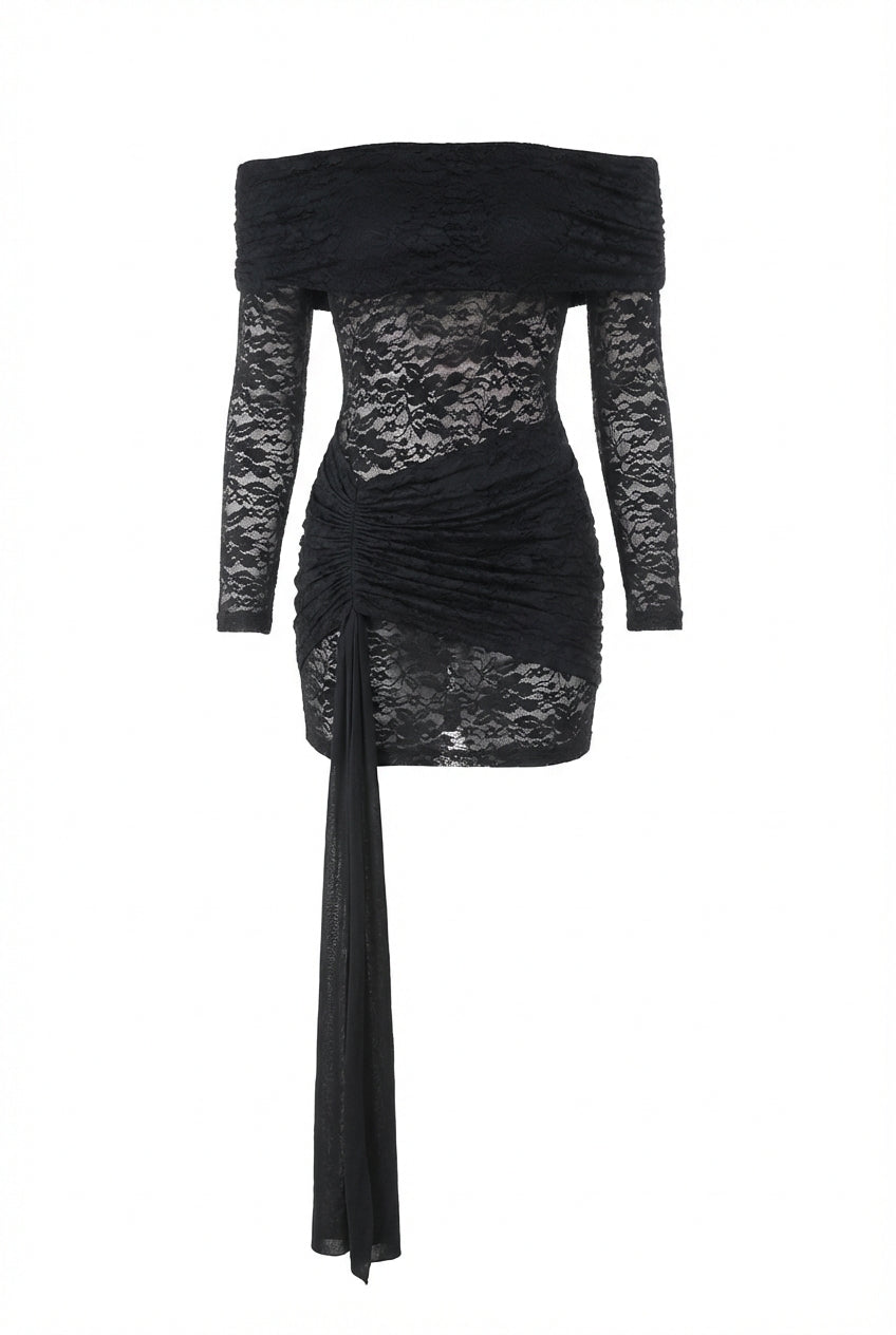 A&A Aveline Off Shoulder Lace Draped Bodycon Mini Dress