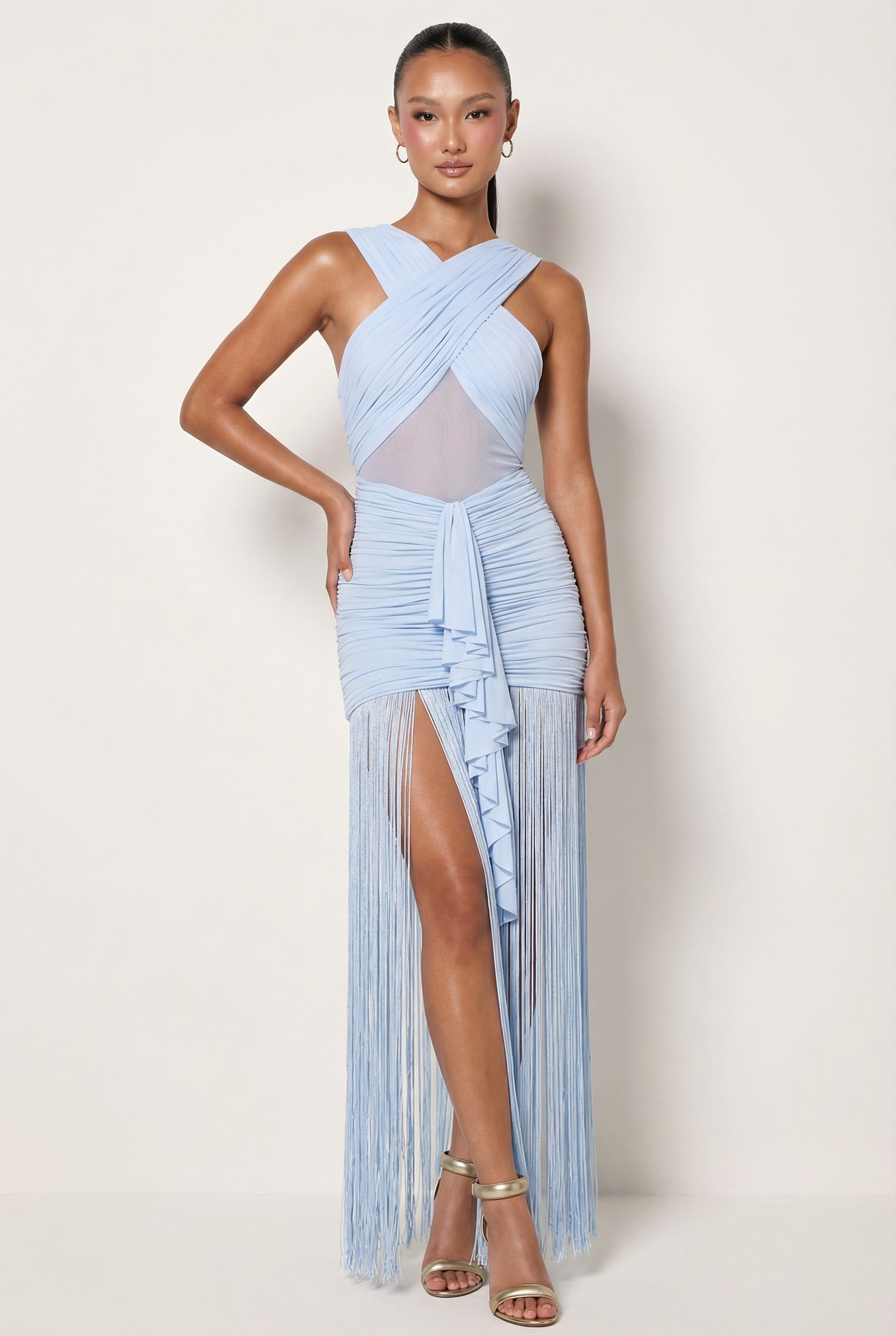 A&A Dawnelle Mesh Detail Fringe Ruched Dress