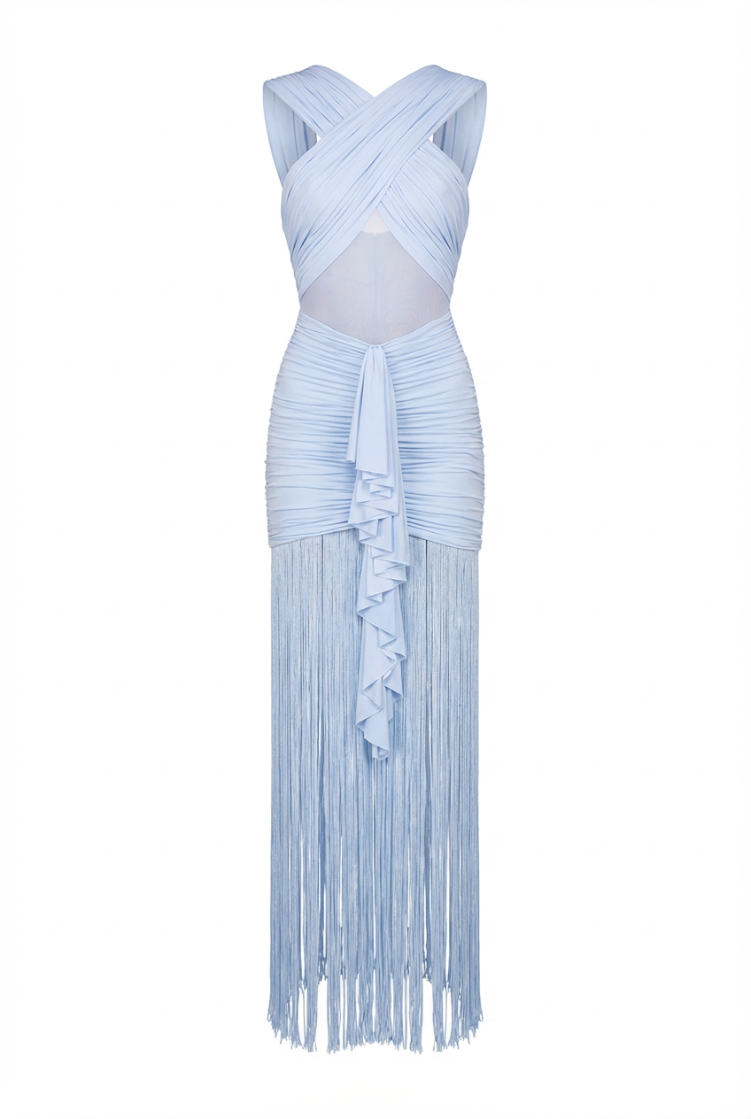 A&A Dawnelle Mesh Detail Fringe Ruched Dress