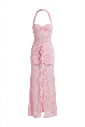 A&A Bellamy Lace Draped Ruched Bodycon Maxi Dress