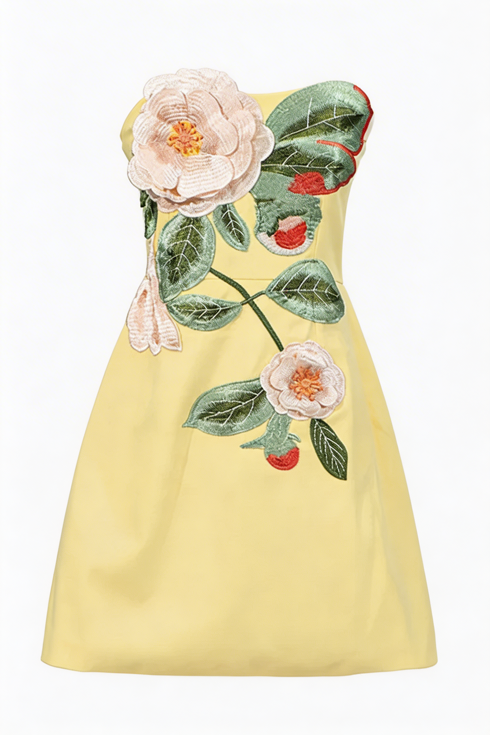 A&A Elara Yellow Strapless Embroidered Flower A-Line Mini Dress