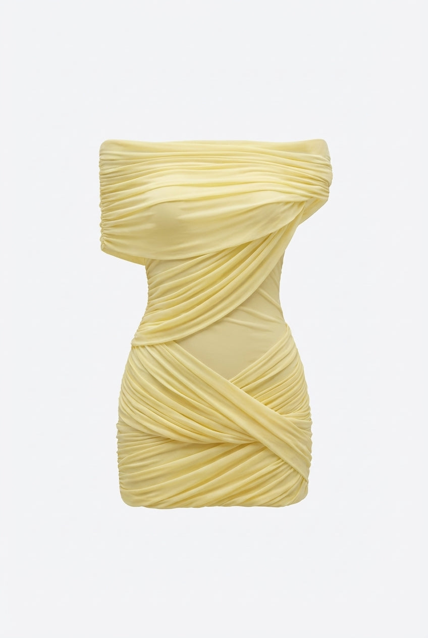 A&A Mariselle Yellow Mesh Draped Off Shoulder Mini Dress