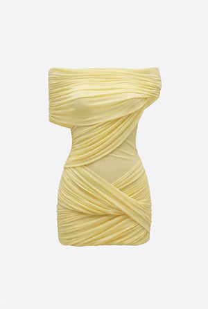 A&A Mariselle Yellow Mesh Draped Off Shoulder Mini Dress