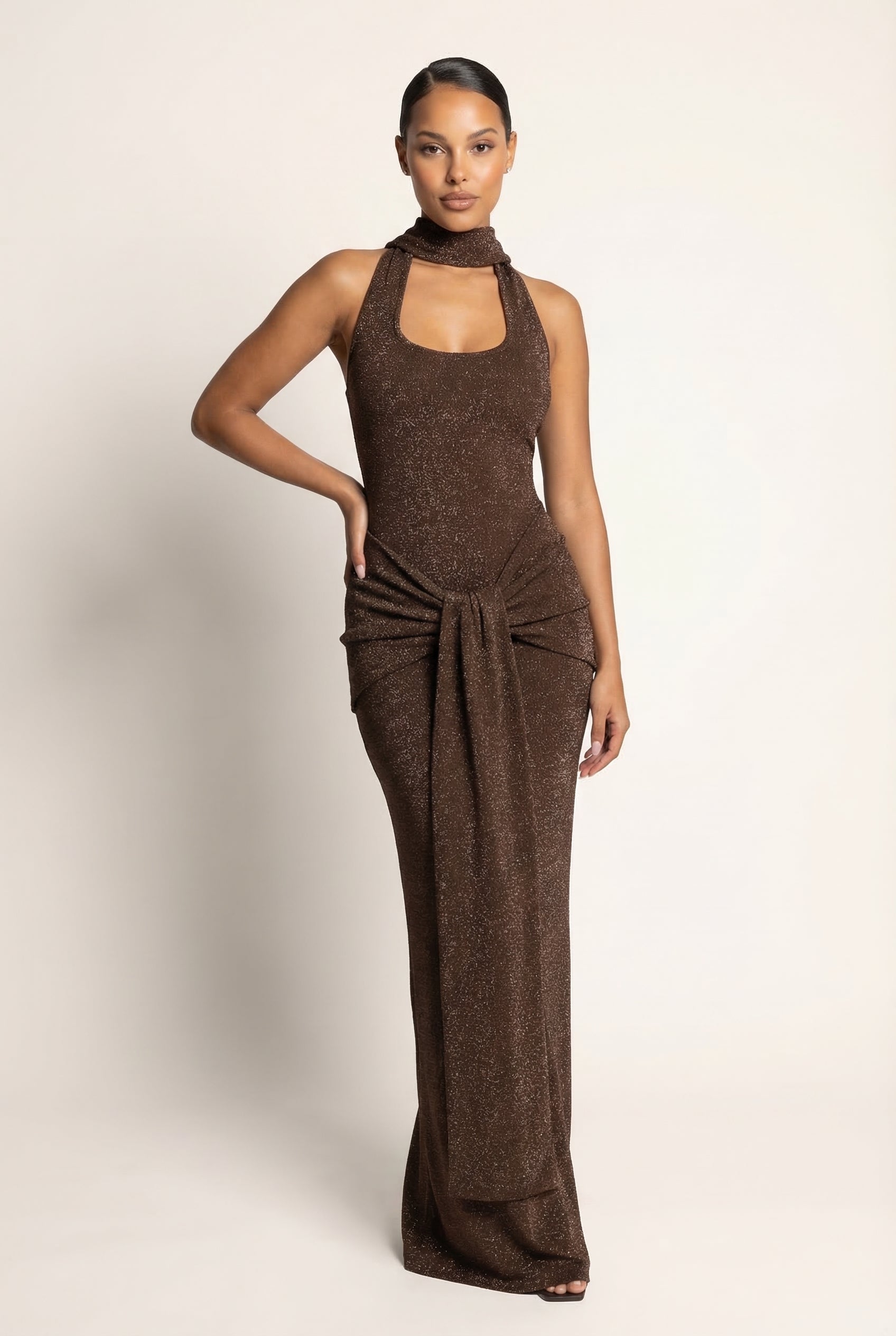 A&A Cressida Halter Neck Draped Glitter Maxi Dress