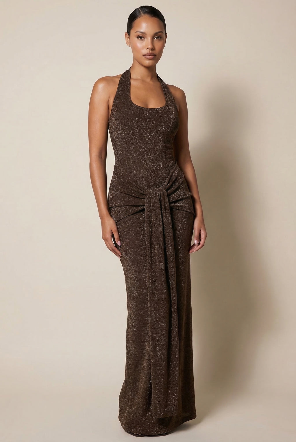 A&A Cressida Halter Neck Draped Glitter Maxi Dress