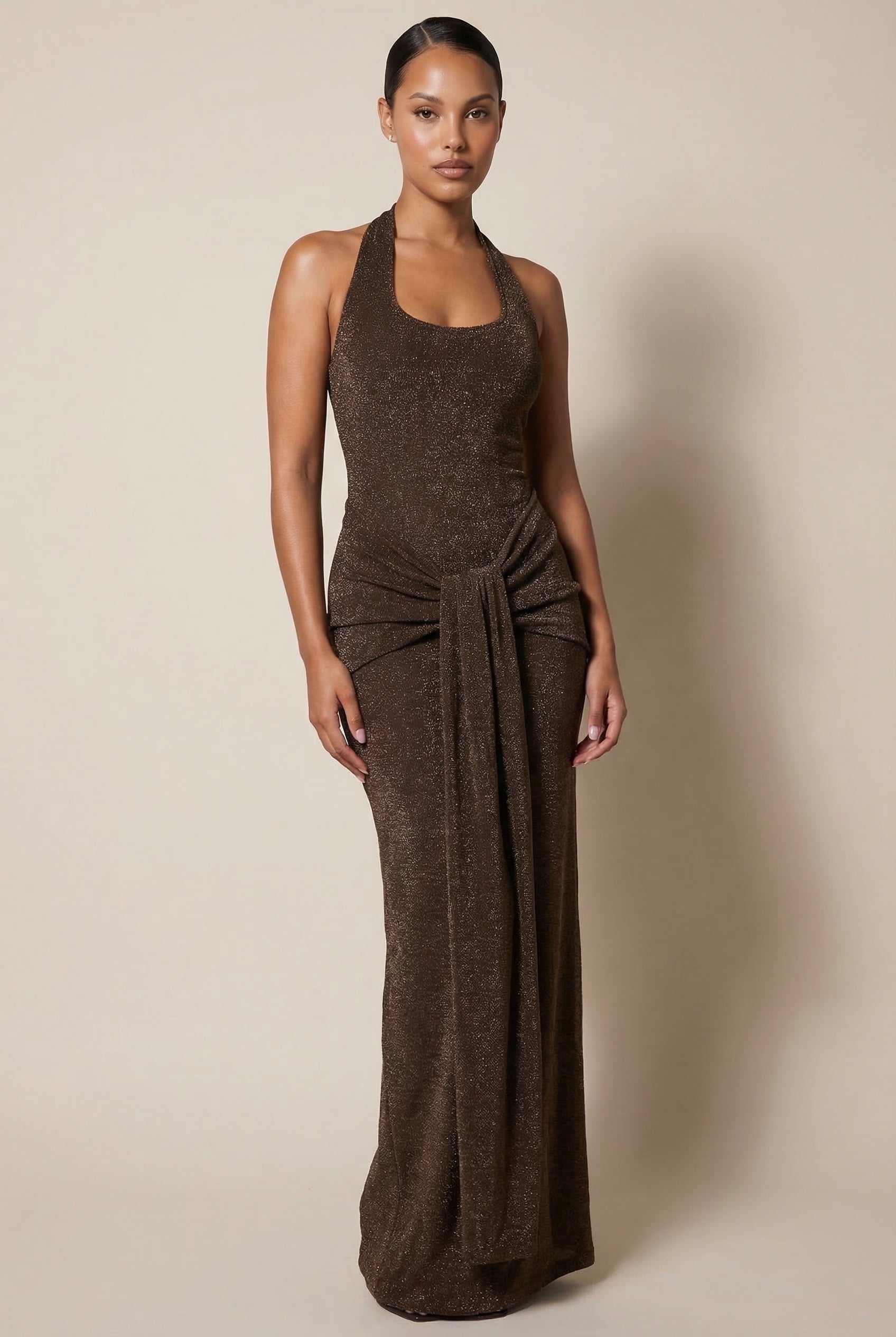 A&A Cressida Halter Neck Draped Glitter Maxi Dress