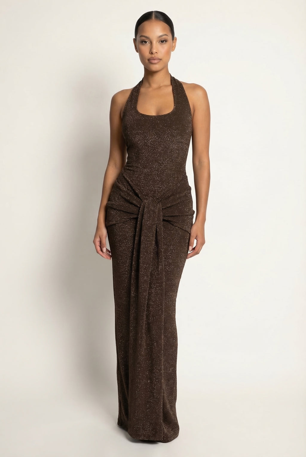 A&A Cressida Halter Neck Draped Glitter Maxi Dress