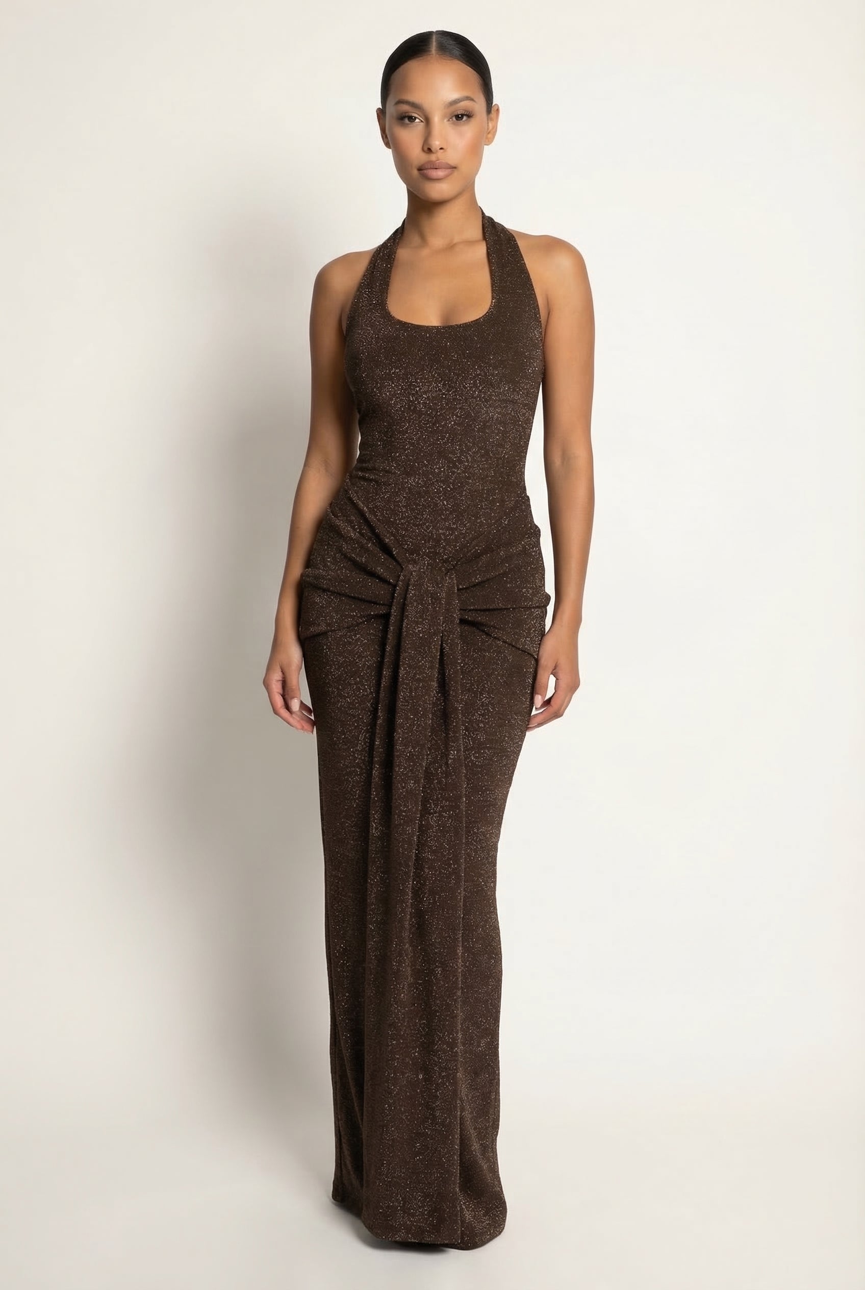A&A Cressida Halter Neck Draped Glitter Maxi Dress