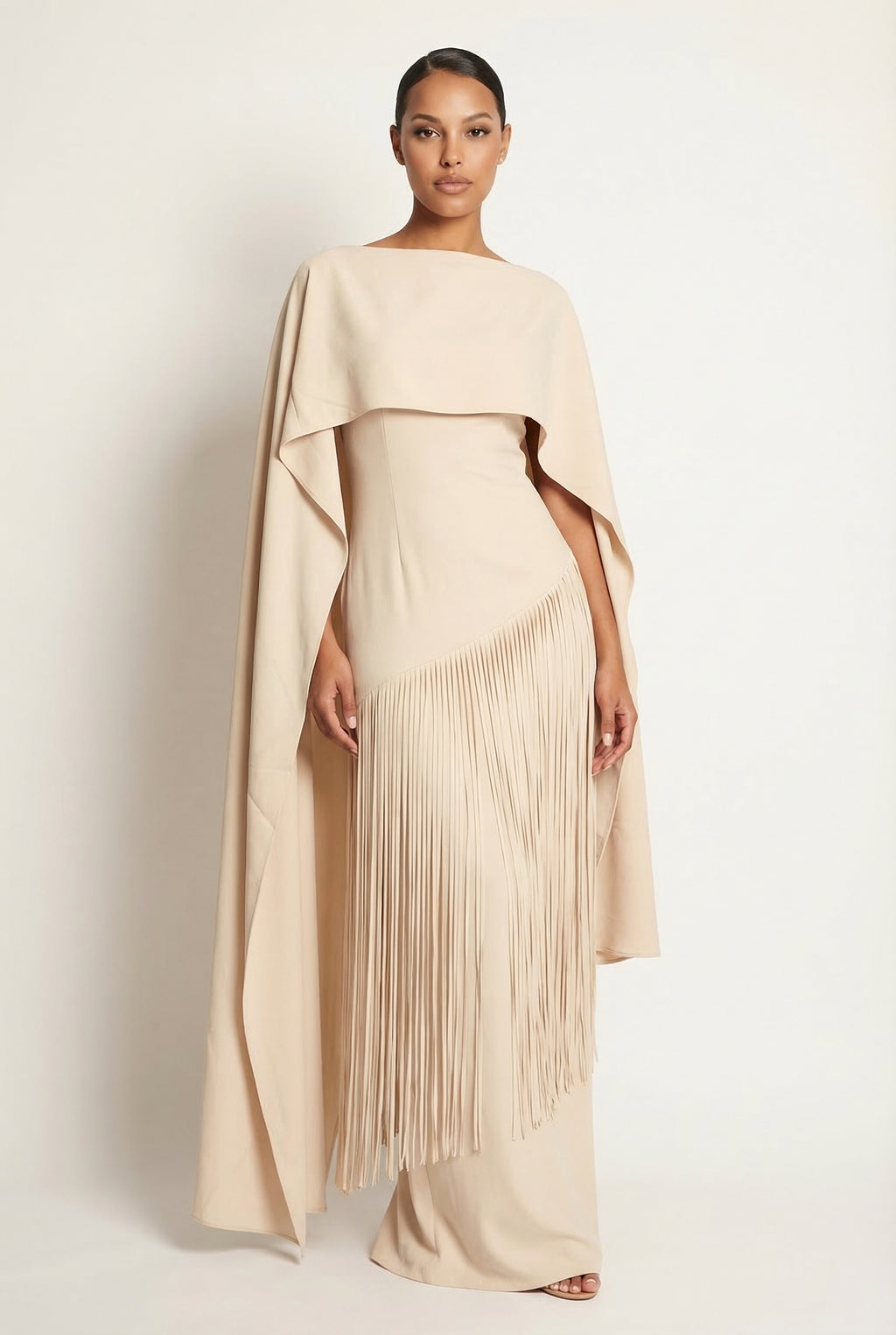 A&A Solei Asymmetric Cape Overlay Fringe Maxi Gown Dress