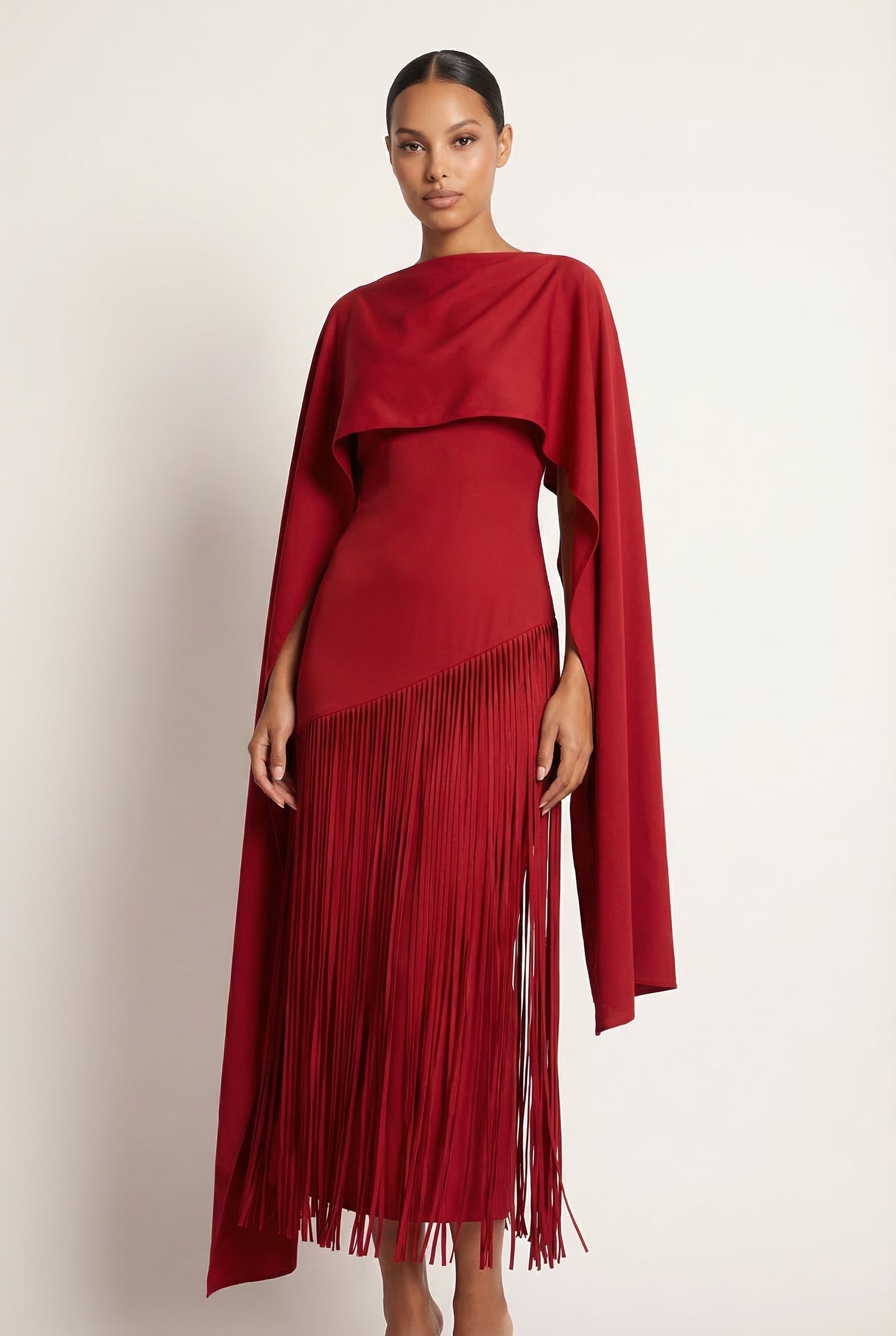 A&A Solei Asymmetric Cape Overlay Fringe Maxi Gown Dress
