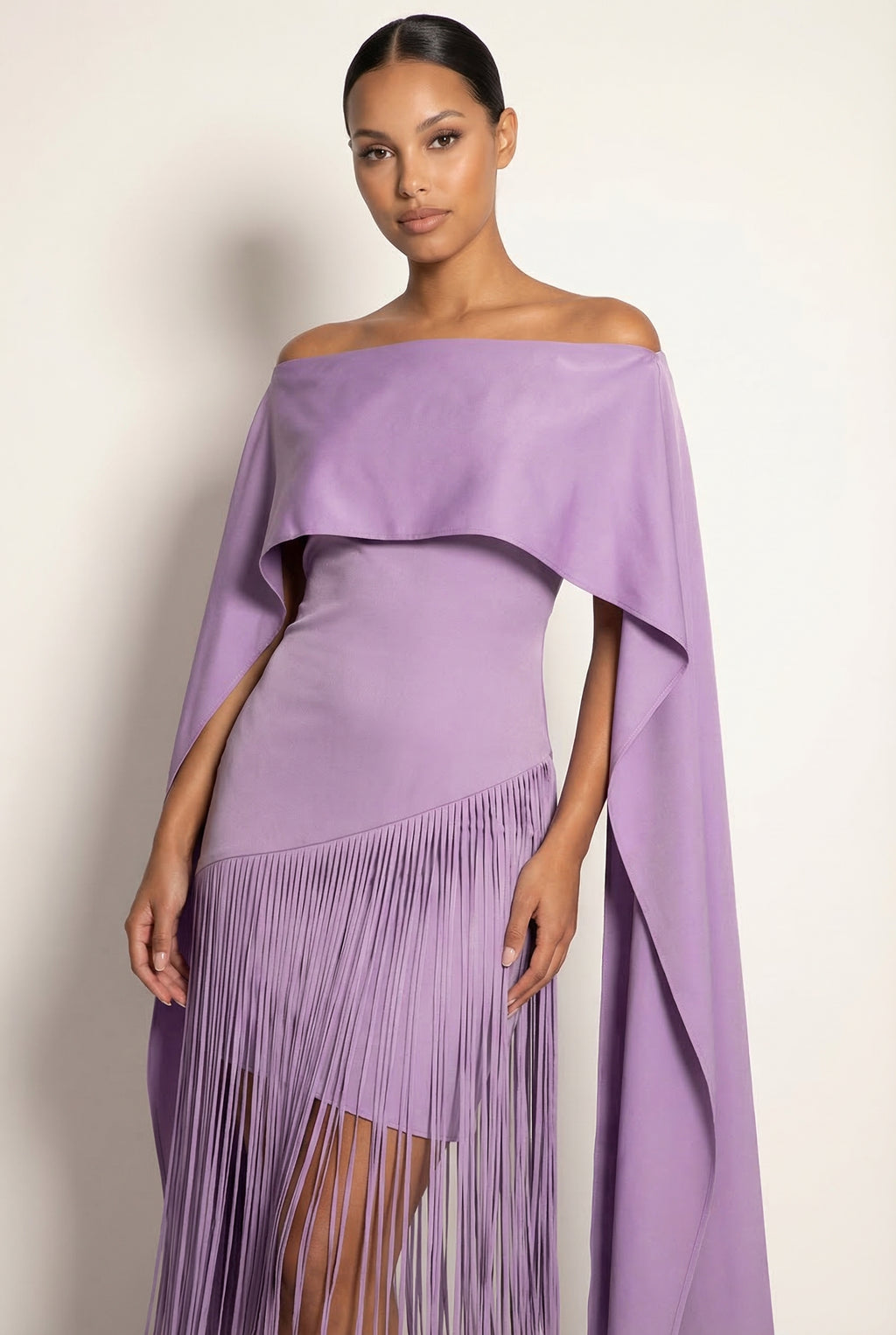 A&A Solei Asymmetric Cape Overlay Fringe Maxi Gown Dress