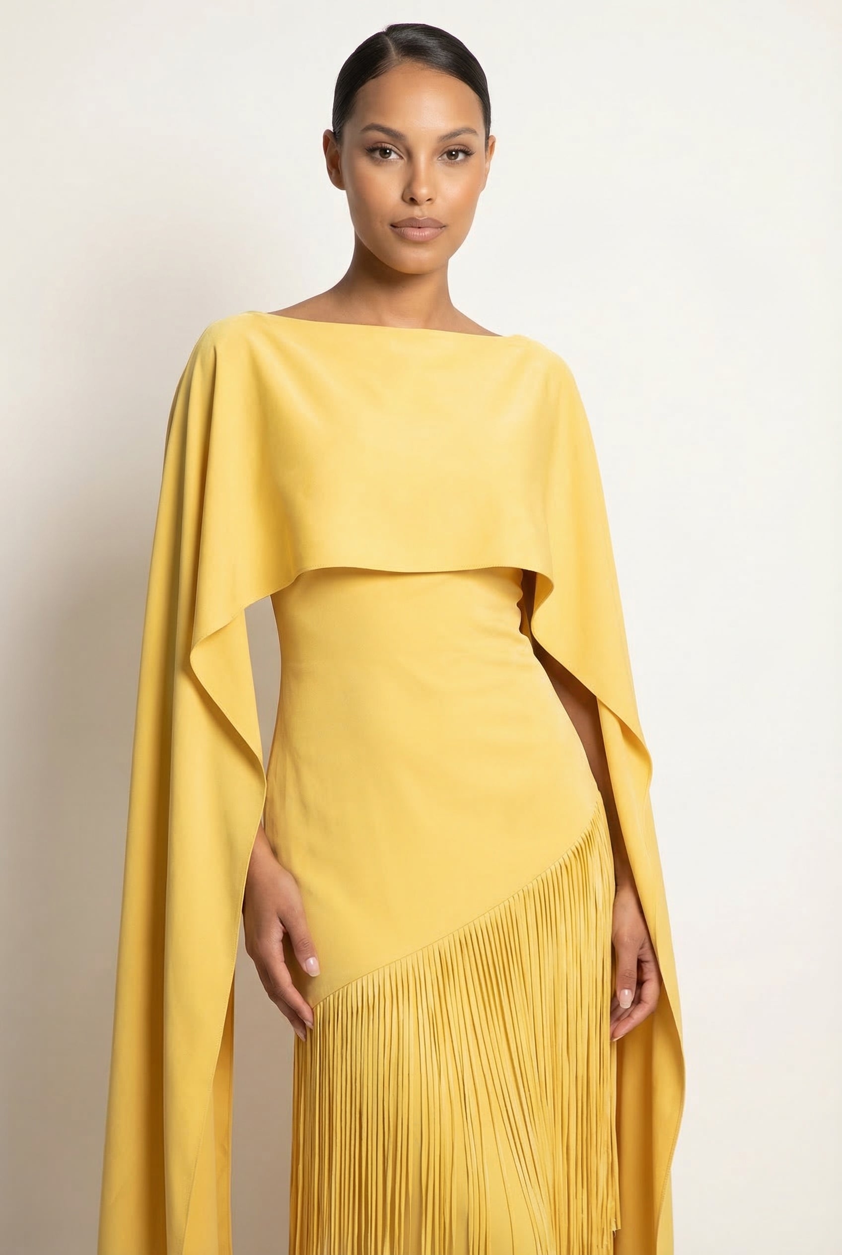 A&A Solei Asymmetric Cape Overlay Fringe Maxi Gown Dress