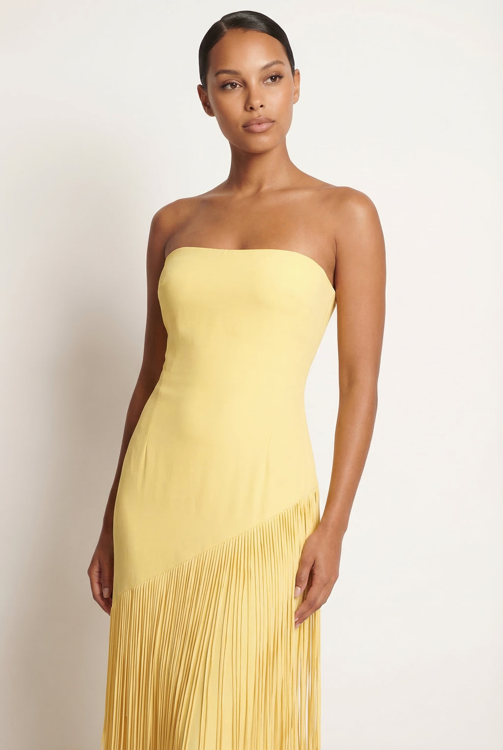 A&A Solei Asymmetric Cape Overlay Fringe Maxi Gown Dress