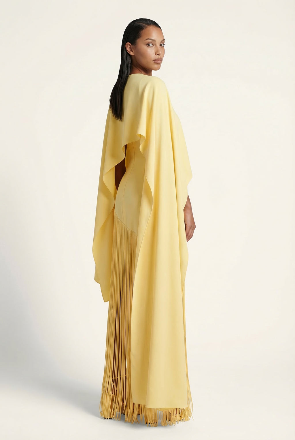 A&A Solei Asymmetric Cape Overlay Fringe Maxi Gown Dress
