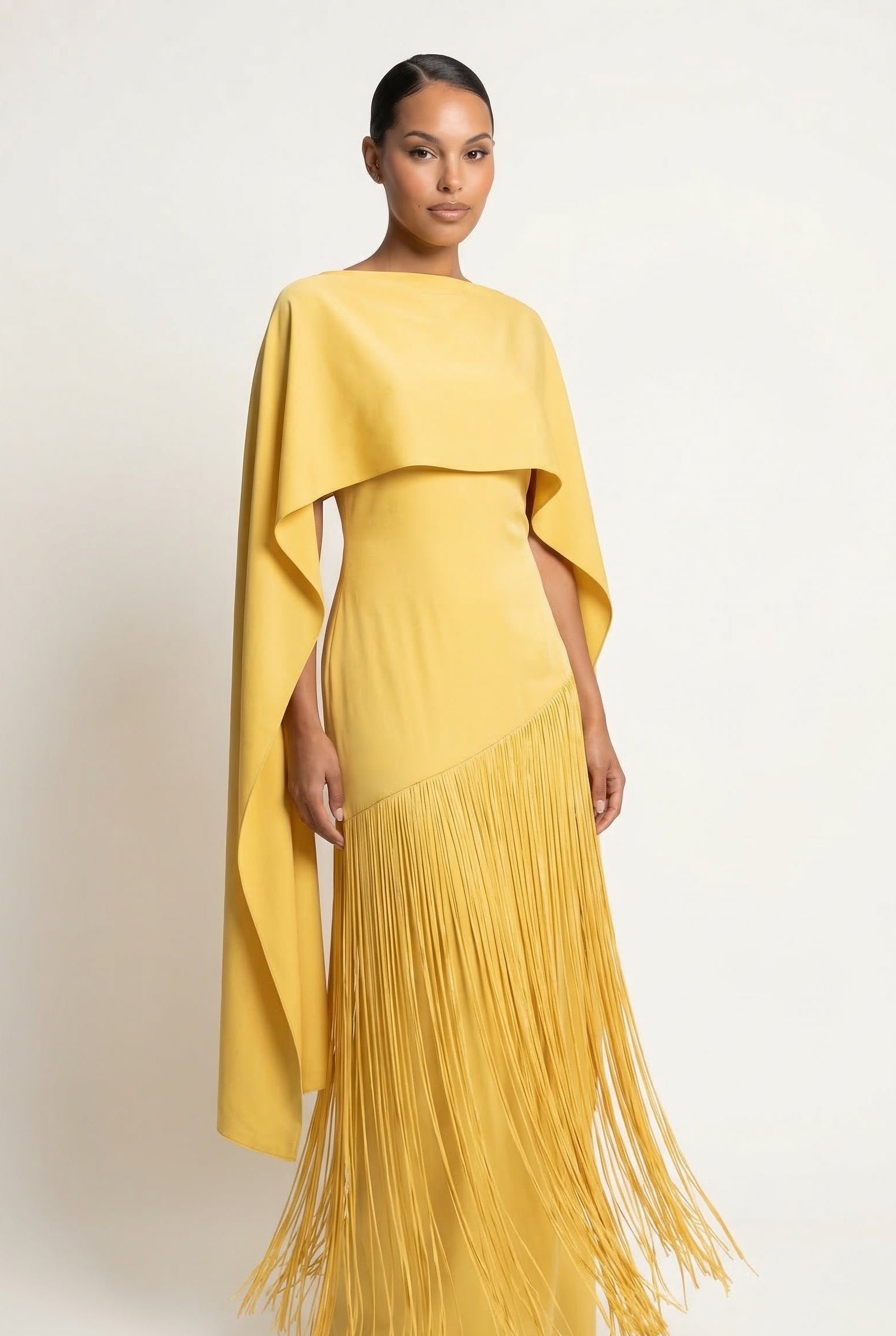A&A Solei Asymmetric Cape Overlay Fringe Maxi Gown Dress ARIELLA & AYANA A&A Solei Asymmetric Cape Overlay Fringe Maxi Gown Dress ARIELLA & AYANA