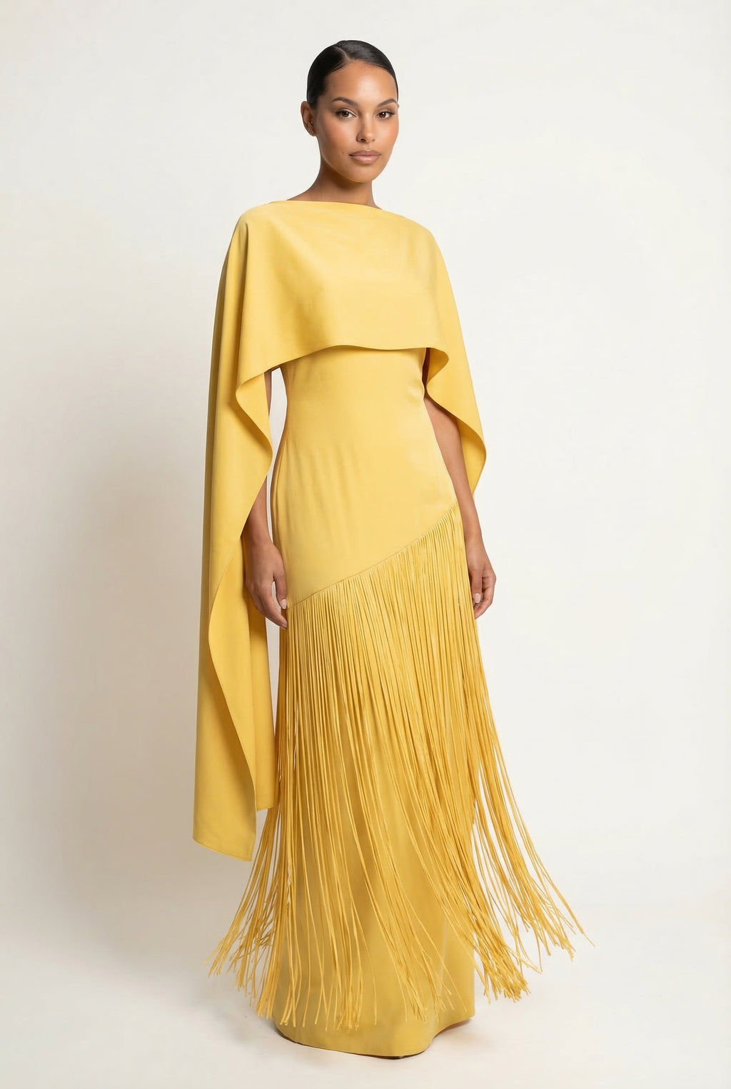 A&A Solei Asymmetric Cape Overlay Fringe Maxi Gown Dress