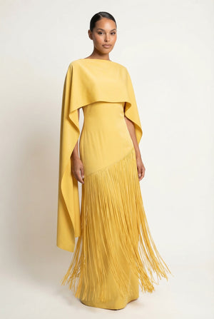 A&A Solei Asymmetric Cape Overlay Fringe Maxi Gown Dress