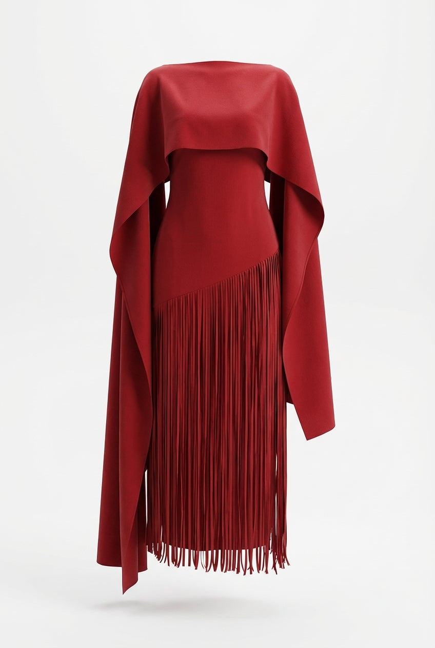 A&A Solei Asymmetric Cape Overlay Fringe Maxi Gown Dress