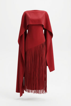 A&A Solei Asymmetric Cape Overlay Fringe Maxi Gown Dress