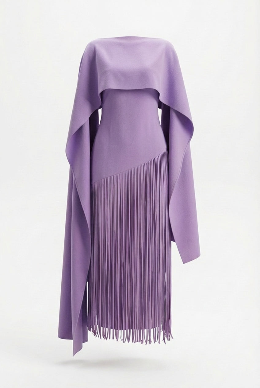 A&A Solei Asymmetric Cape Overlay Fringe Maxi Gown Dress
