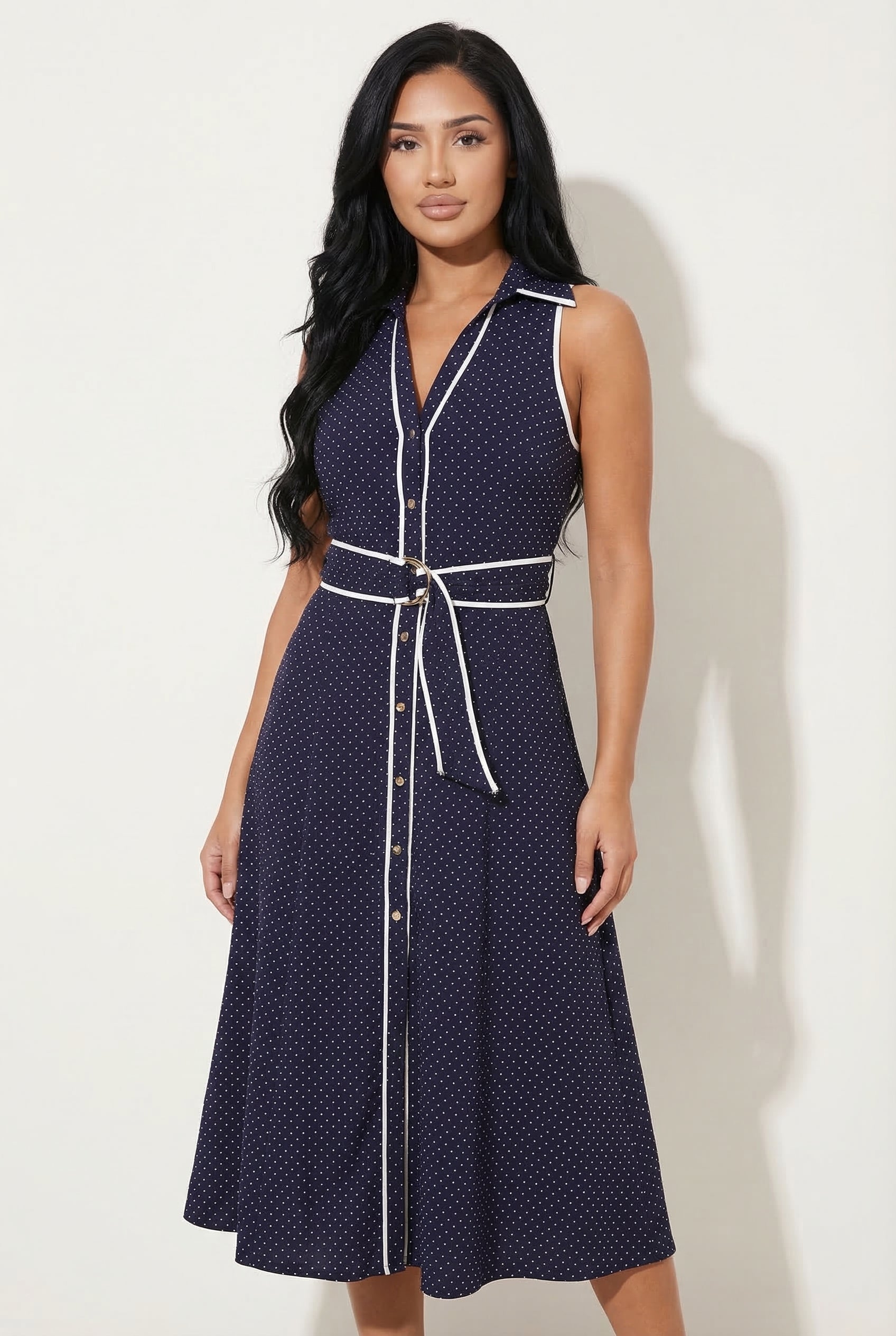 A&A Taliah Polka Dot Belted Midi Shirt Dress