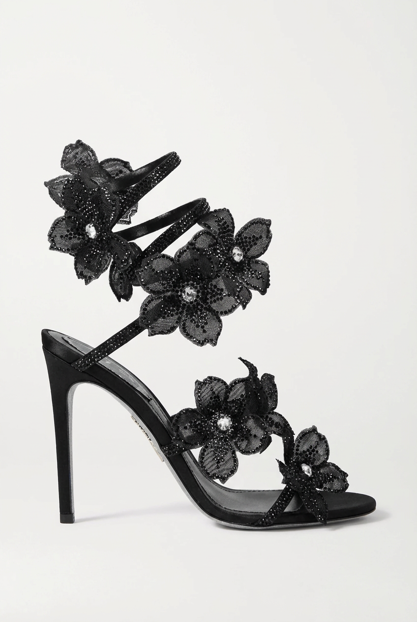 A&A Aeris Black Crystal Flower Wrap Up Heels