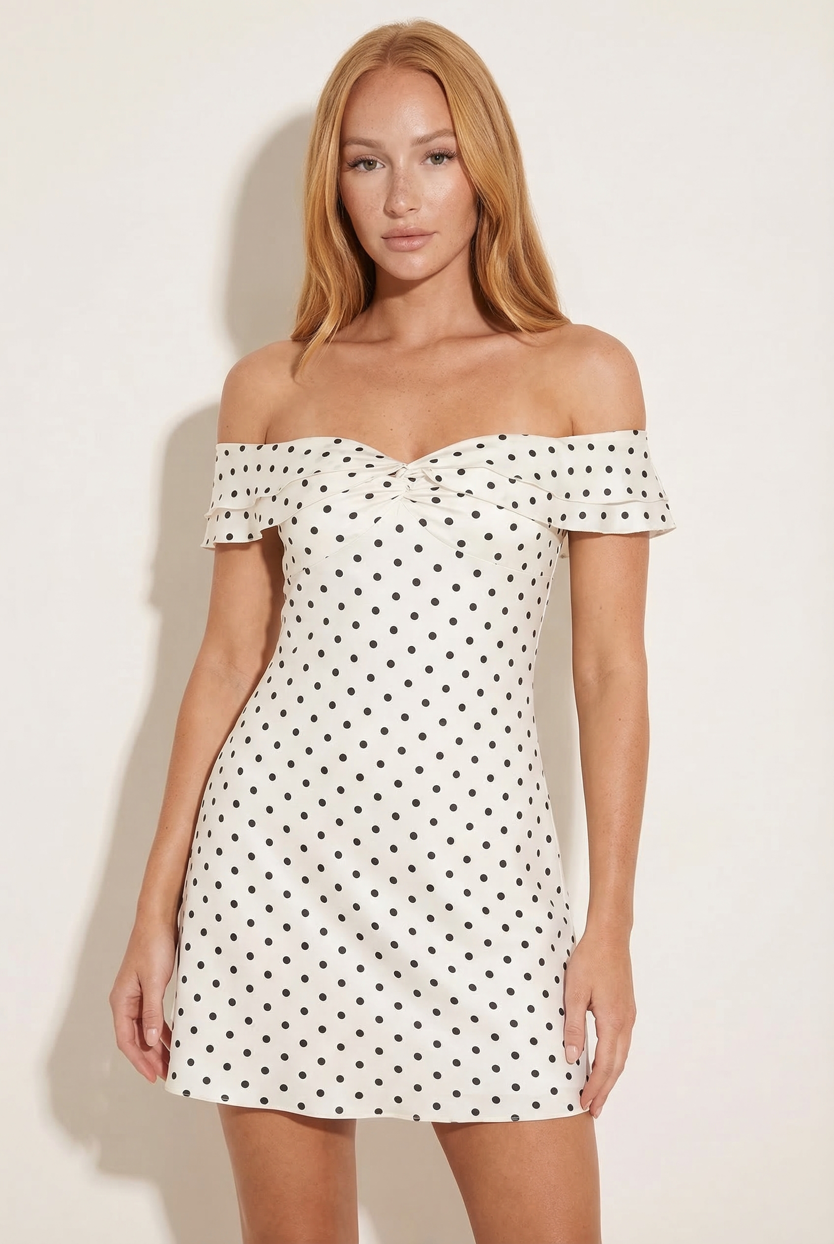 A&A Lunessa Off Shoulder Polka Dot Mini A-Line Dress