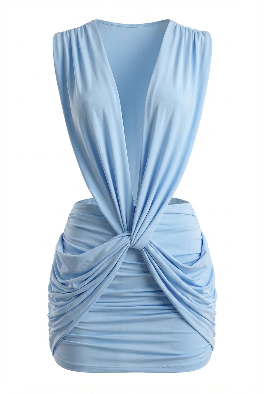 plunging neck drawstring shoulder ruched waist dress Plunging Neck Drawstring Shoulder Ruched Waist Dress