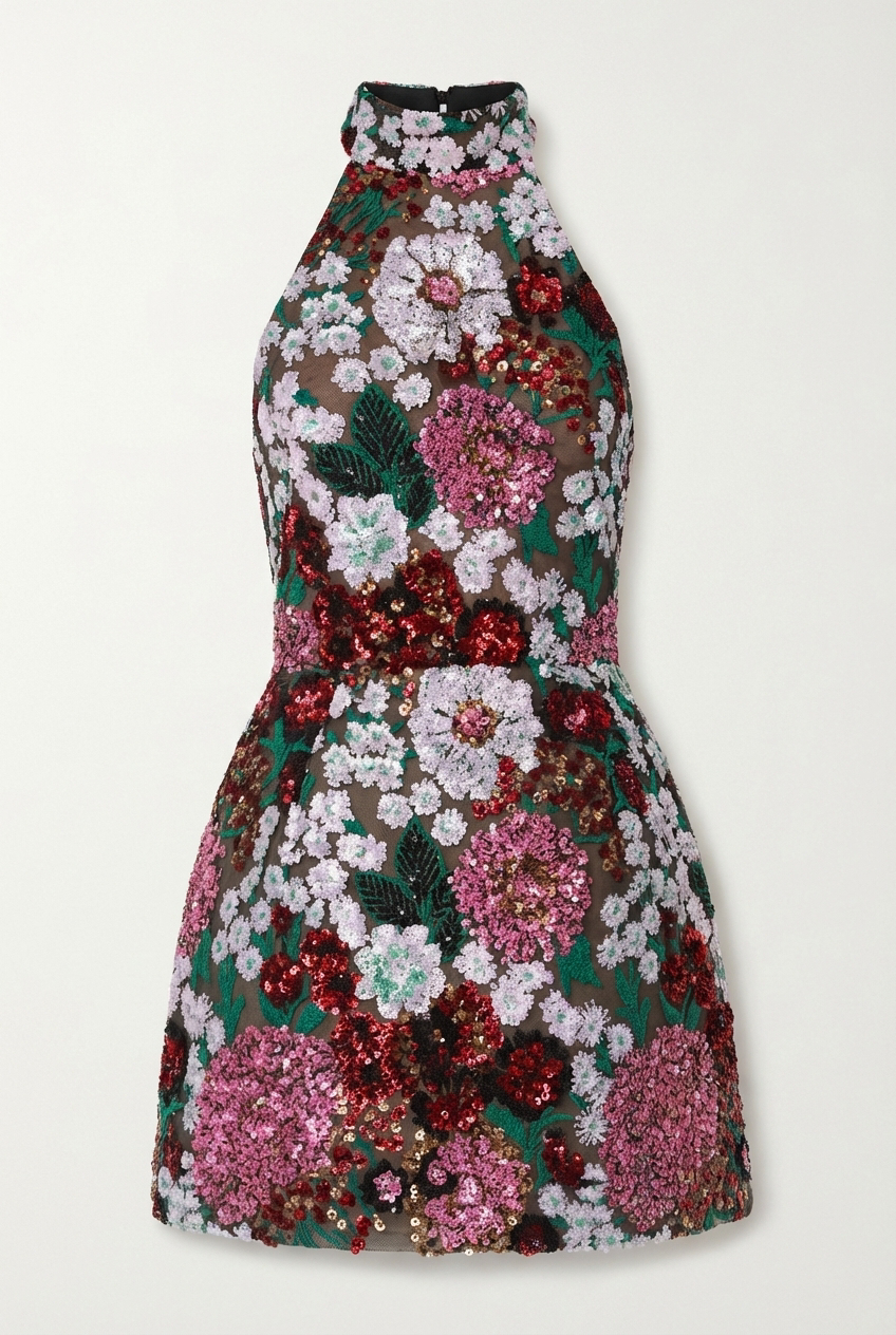 A&A Luxe Halter Neck Embroidered Floral Sequined Mini Dress