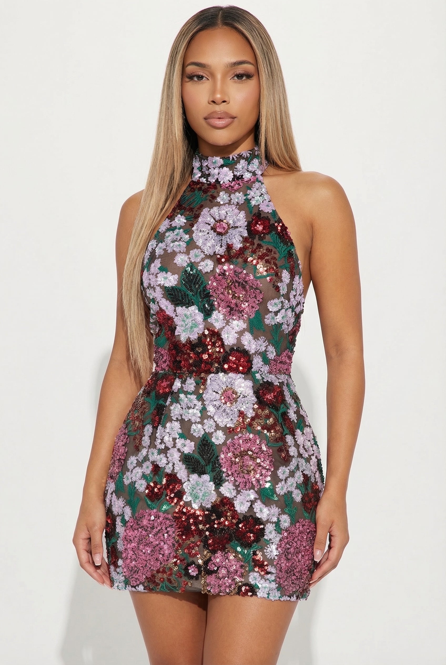 A&A Luxe Halter Neck Embroidered Floral Sequined Mini Dress